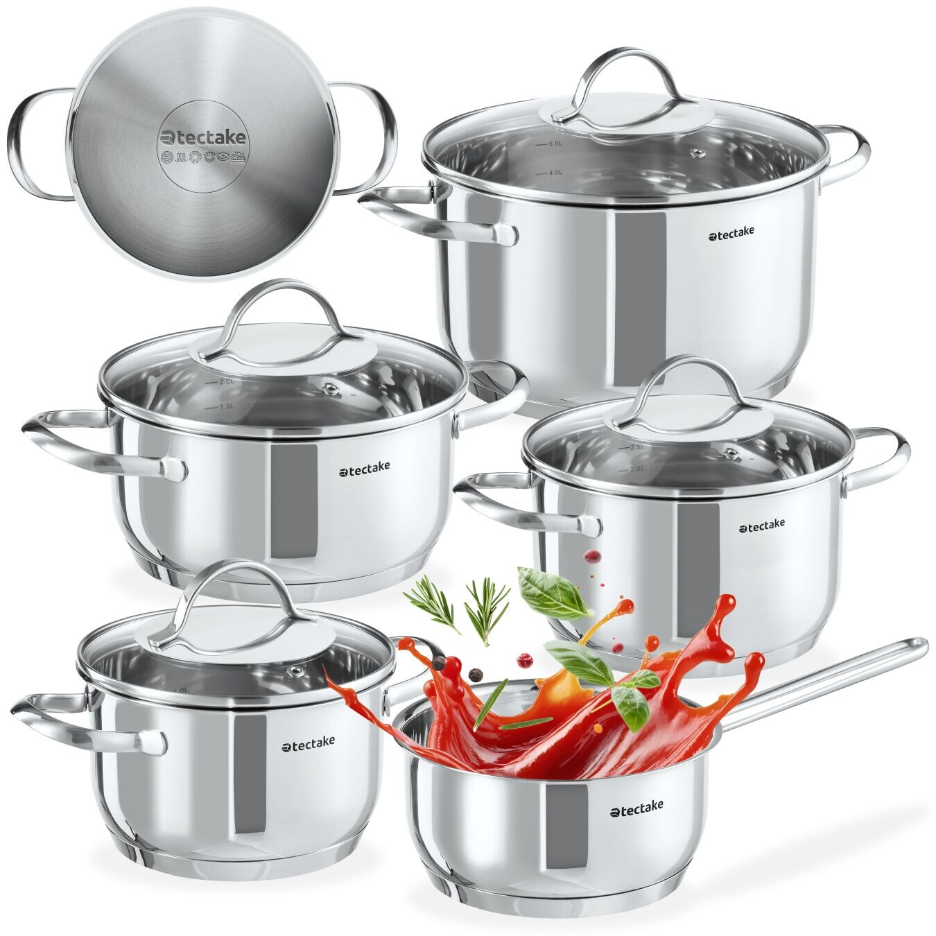 tectake® Kochtopfset, 9-teilig, aus Edelstahl, für Induktion geeignet, Glasdeckel mit Dampfabzug, integrierte Messskala in den Töpfen