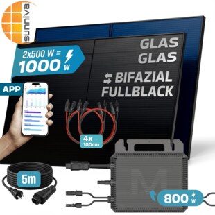 SUNNIVA® 1000W Balkonkraftwerk BIFAZIAL FULLBLACK komplett Steckdose MARSTEK 800 Watt Wechselrichter, PV Solaranlage Komplettset, 2x 500W N-Type Glas-Glas Bifacial Solarmodule, 5m Kabel & 4x 1m Solarkabel 