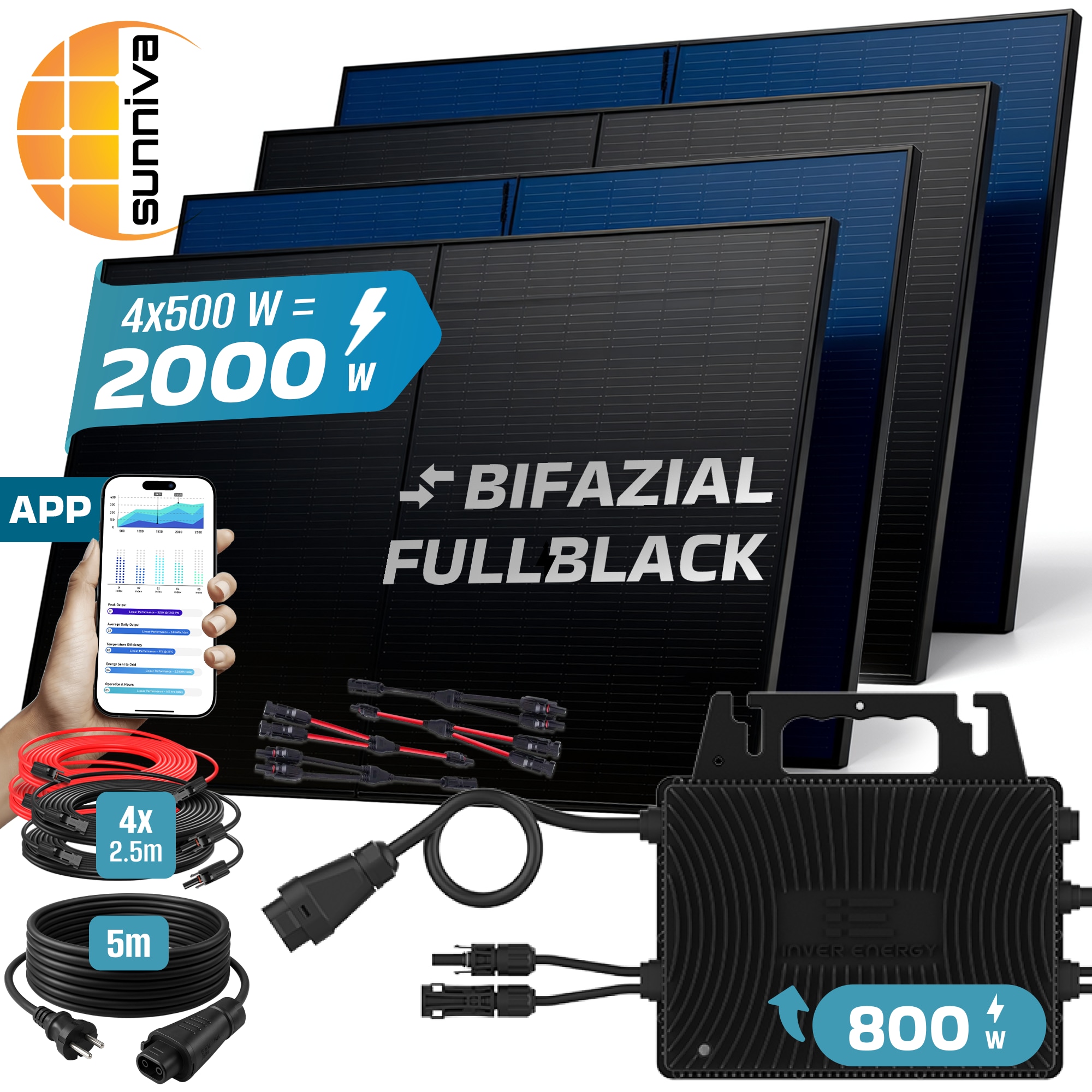 SUNNIVA&reg; 2000W Balkonkraftwerk BIFAZIAL FULLBLACK komplett Steckdose INVER ENERGY 800W Wechselrichter, PV Solaranlage, 4x 500W Glas Solarmodule, inkl. 5m Kabel, Bluetooth WIFI, Komplettset 