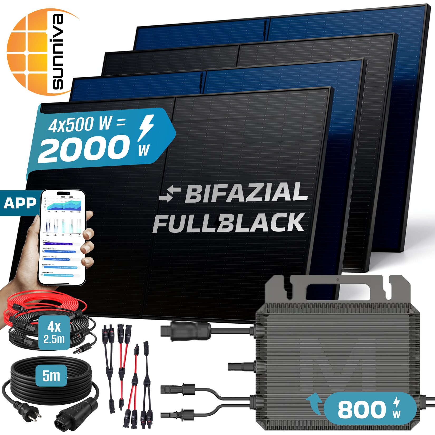 ® 2000W Balkonkraftwerk BIFAZIAL FULLBLACK komplett Steckdose MARSTEK 800 Watt Wechselrichter, PV Solaranlage Komplettset, 4x 500W N-Type Glas-Glas Bifacial Solarmodule, 5m Kabel & 4x 2.5m Solarkabel