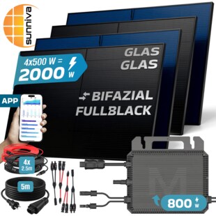 SUNNIVA® 2000W Balkonkraftwerk BIFAZIAL FULLBLACK komplett Steckdose MARSTEK 800 Watt Wechselrichter, PV Solaranlage Komplettset, 4x 500W N-Type Glas-Glas Bifacial Solarmodule, 5m Kabel & 4x 2.5m Solarkabel 