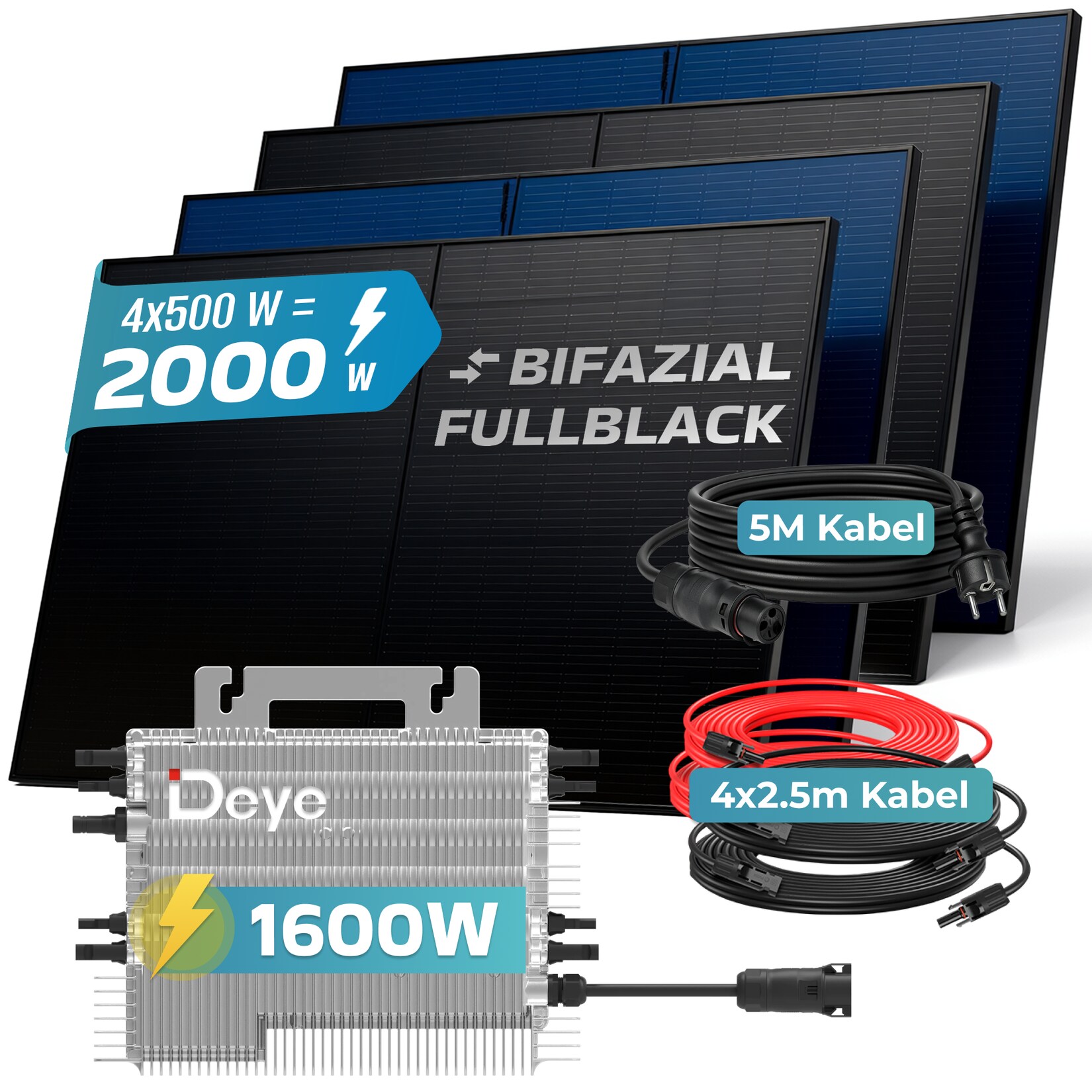 ® 2000W Balkonkraftwerk BIFAZIAL FULLBLACK komplett Steckdose DEYE 1600W Wechselrichter, PV Solaranlage, 4x 500W Glas-Glas Solarmodule, inkl. 5m Kabel, Bluetooth WIFI, Komplettset