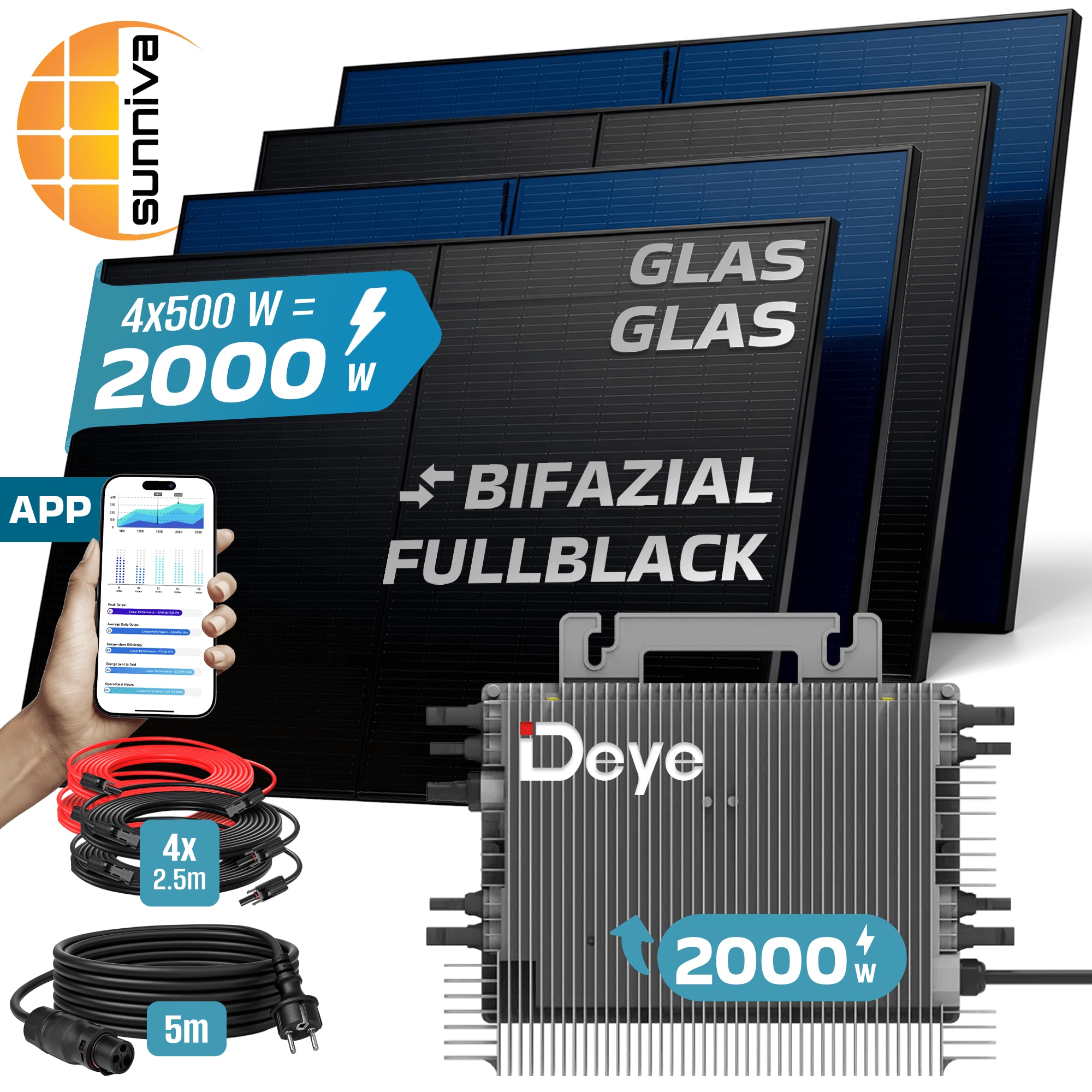 SUNNIVA&reg; 2000W Balkonkraftwerk BIFAZIAL FULLBLACK komplett Steckdose DEYE 2000 Watt Wechselrichter, Solaranlage Komplettset, 4x 500W N-Type Glas-Glas Bifacial Solarmodule, 5m Kabel, 4x 2.5m Solarkabel 
