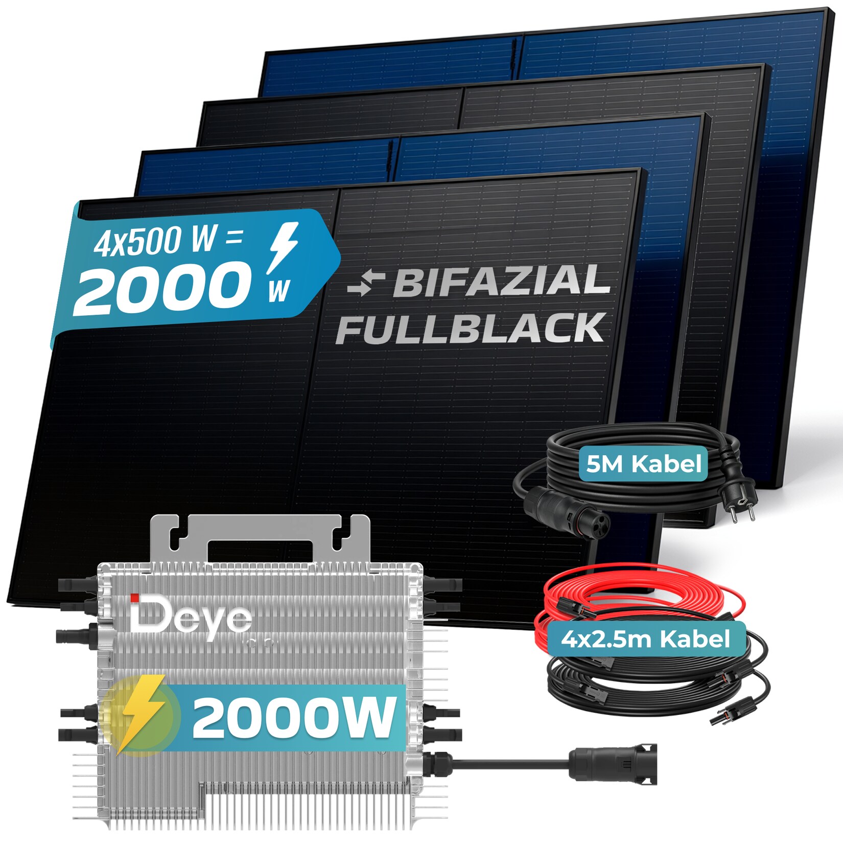 ® 2000W Balkonkraftwerk BIFAZIAL FULLBLACK komplett Steckdose DEYE 2000 Watt Wechselrichter, Solaranlage Komplettset, 4x 500W N-Type Glas-Glas Bifacial Solarmodule, 5m Kabel, 4x 2.5m Solarkabel