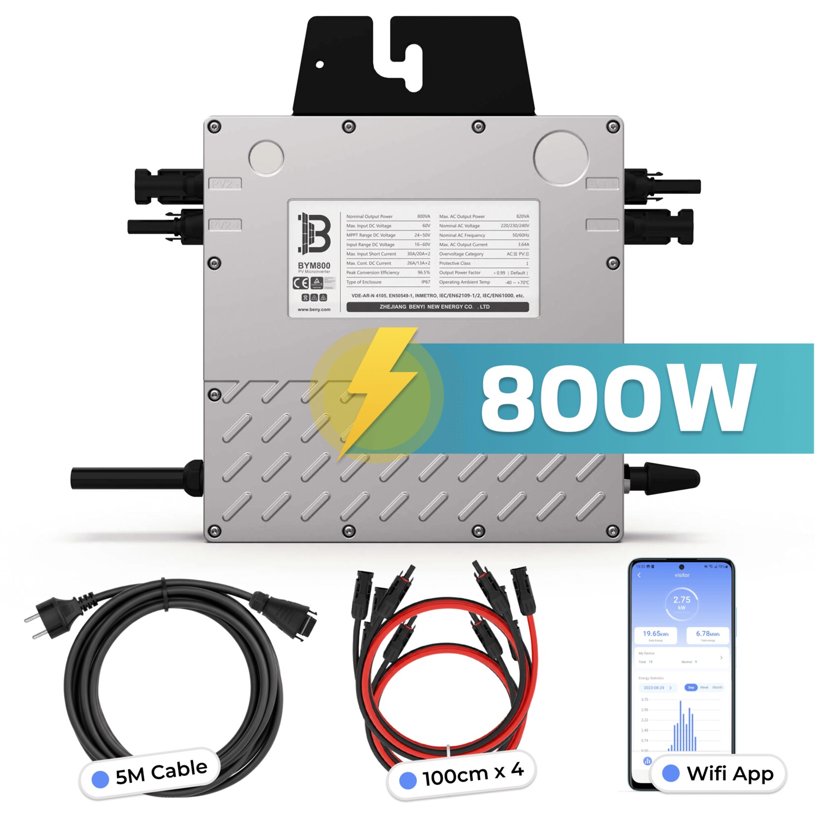 BENY Mikro-Wechselrichter 800 W BYM800 für Balkonkraftwerk, IP67 wetterfest, Plug-&-Play Installation, 2 MPPT, WIFI, inkl. 5 m Anschlusskabel & 4x 1 m Solar-Verlängerungen, Micro Inverter