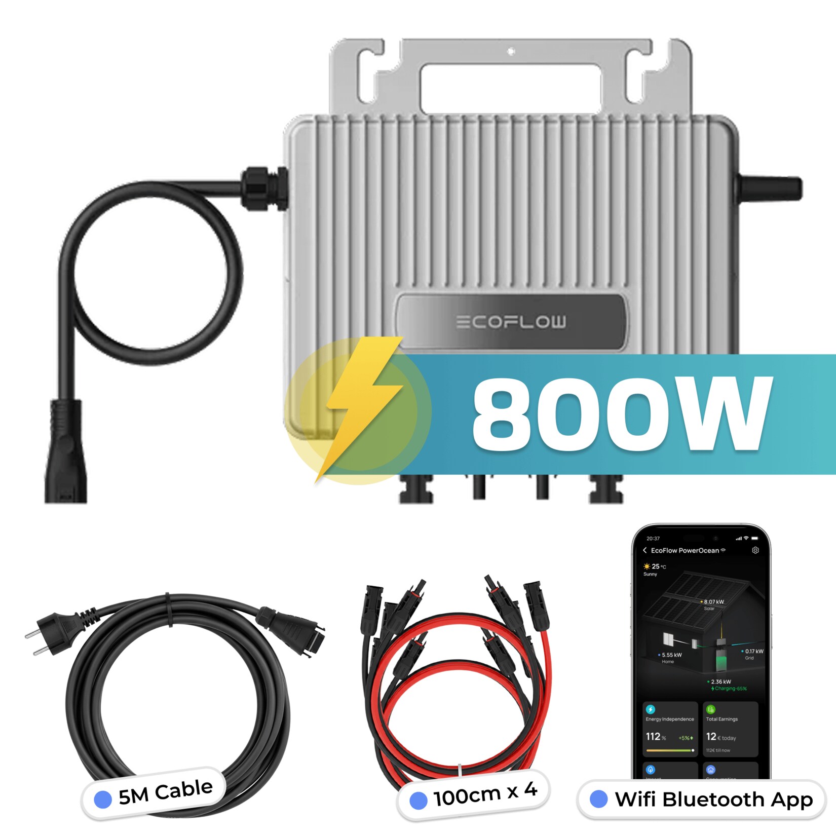 ECOFLOW Mikro-Wechselrichter 800 W EFStreamMI800W für Balkonkraftwerk, IP67 wetterfest, Plug&Play Installation, 2 MPPT, Bluetooth & WIFI, inkl. 5m Anschlusskabel & 4x 1m Solar-Verlängerungen, Inverter