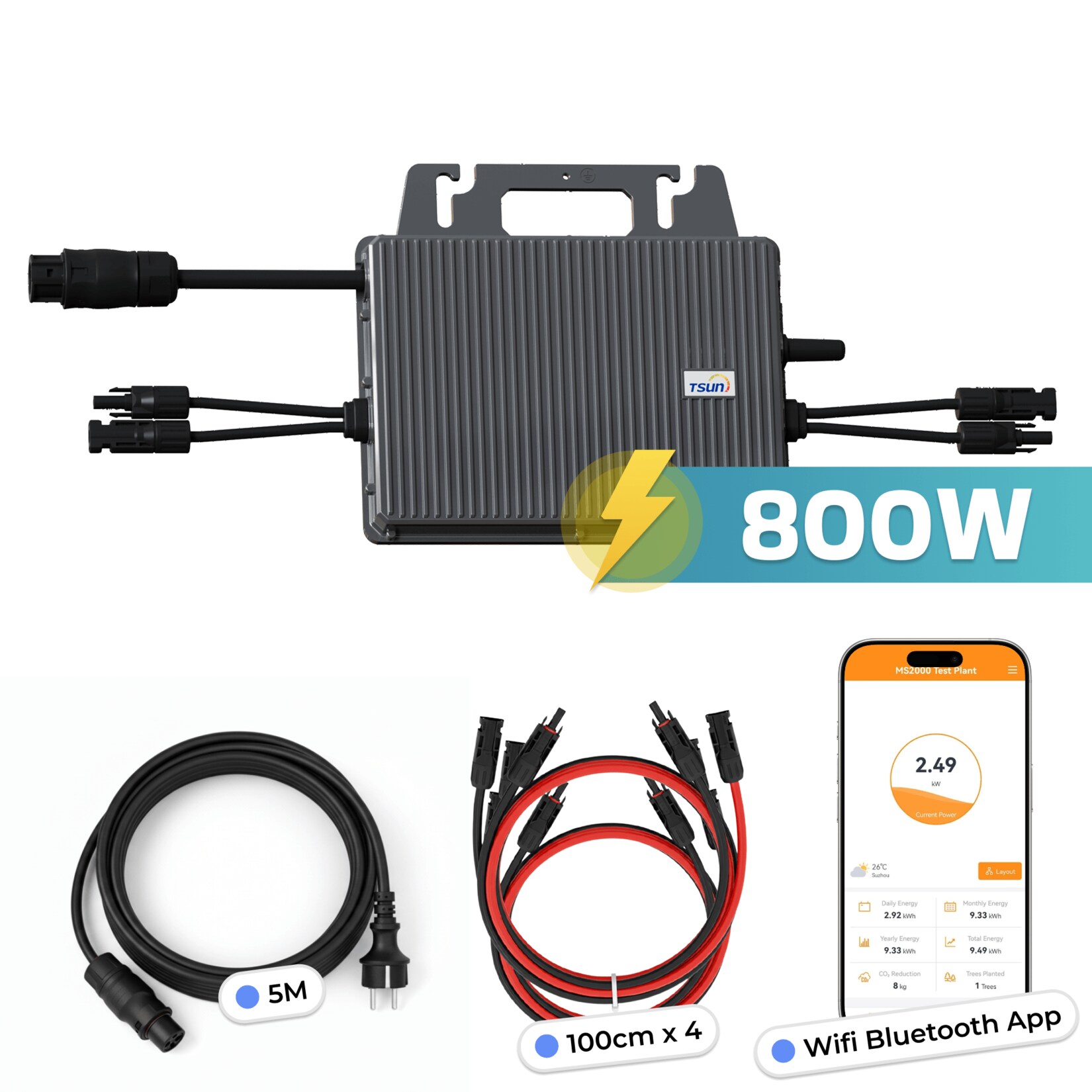 TSUN Mikro-Wechselrichter 800W TSOL-MS800  für Balkonkraftwerk, IP67 wetterfest, Plug&Play Installation, 2 MPPT, Bluetooth & WIFI, inkl. 5m Anschlusskabel & 4x 1 m Solar-Verlängerungen, Micro Inverter