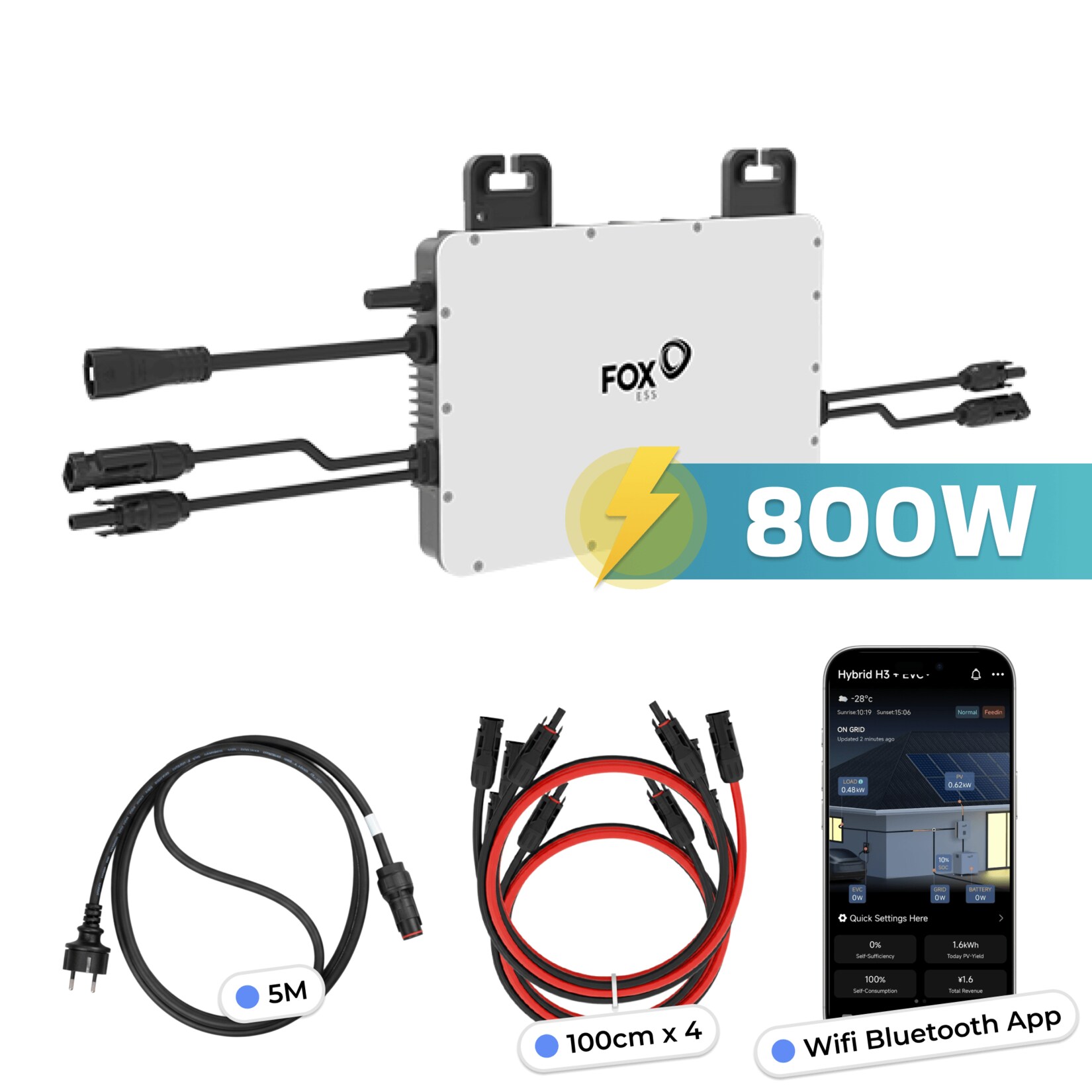 Fox ESS Mikro-Wechselrichter 800 W M1-800-E für Balkonkraftwerk, IP67 wetterfest, Plug-&-Play Installation, 2 MPPT, Bluetooth & WIFI, inkl. 5 m Anschlusskabel & 4x 1 m Solar-Verlängerungen, Inverter