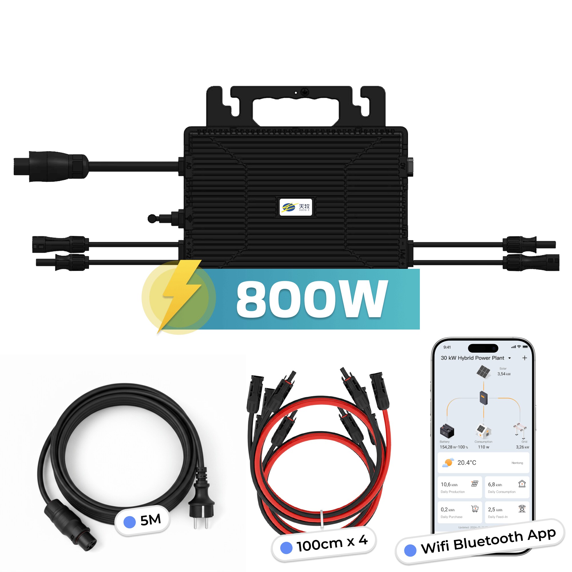Astro-E Mikro-Wechselrichter 800 W TM-L800Mi f&uuml;r Balkonkraftwerk, IP67 wetterfest, Plug&Play Installation, 2 MPPT, Bluetooth WIFI, inkl. 5m Anschlusskabel & 4x1 m Solar-Verl&auml;ngerungen, Micro Inverter 