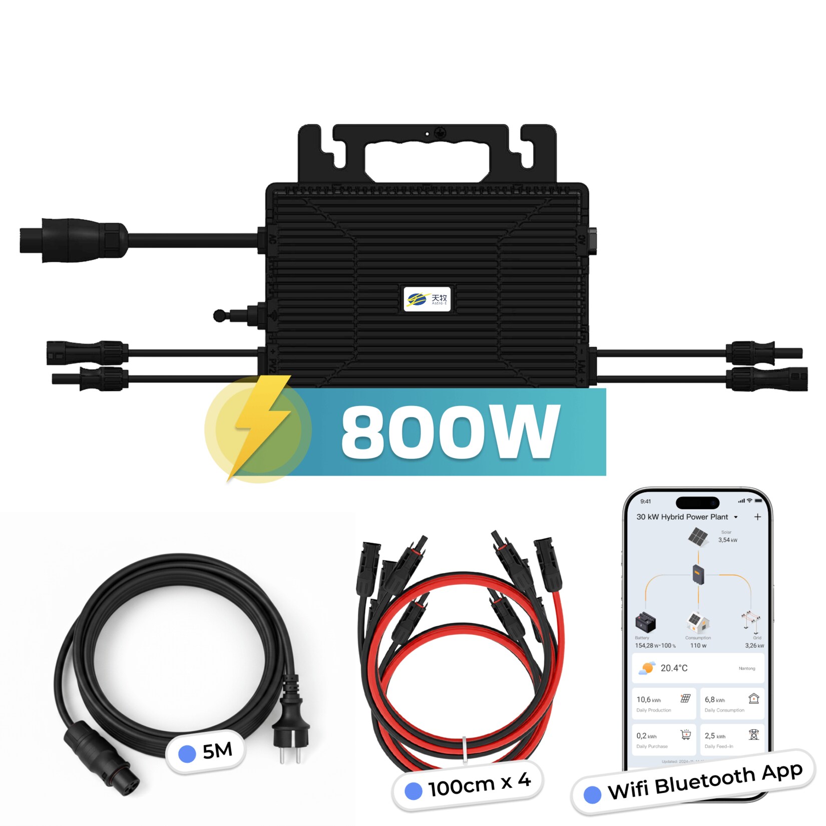 Astro-E Mikro-Wechselrichter 800 W TM-L800Mi für Balkonkraftwerk, IP67 wetterfest, Plug&Play Installation, 2 MPPT, Bluetooth WIFI, inkl. 5m Anschlusskabel & 4x1 m Solar-Verlängerungen, Micro Inverter