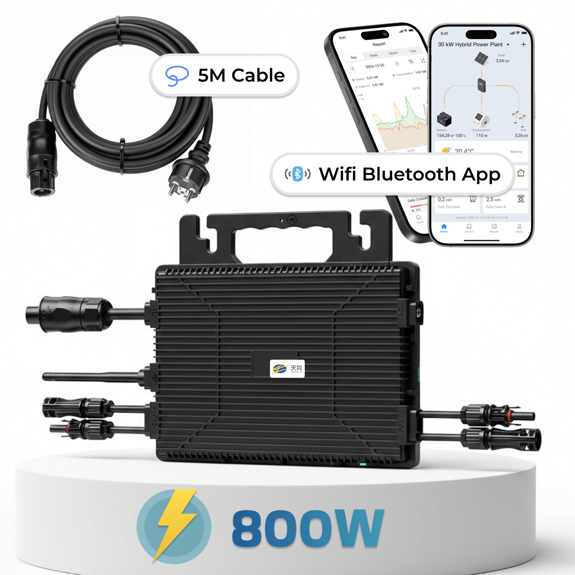 Astro-E  Mikro-Wechselrichter 800 W TM-L800Mi f&uuml;r Balkonkraftwerk, IP67 wetterfest, Plug-&-Play Installation, 2 MPPT, Bluetooth & WIFI, inkl. 5 m Anschlusskabel, Micro Inverter 
