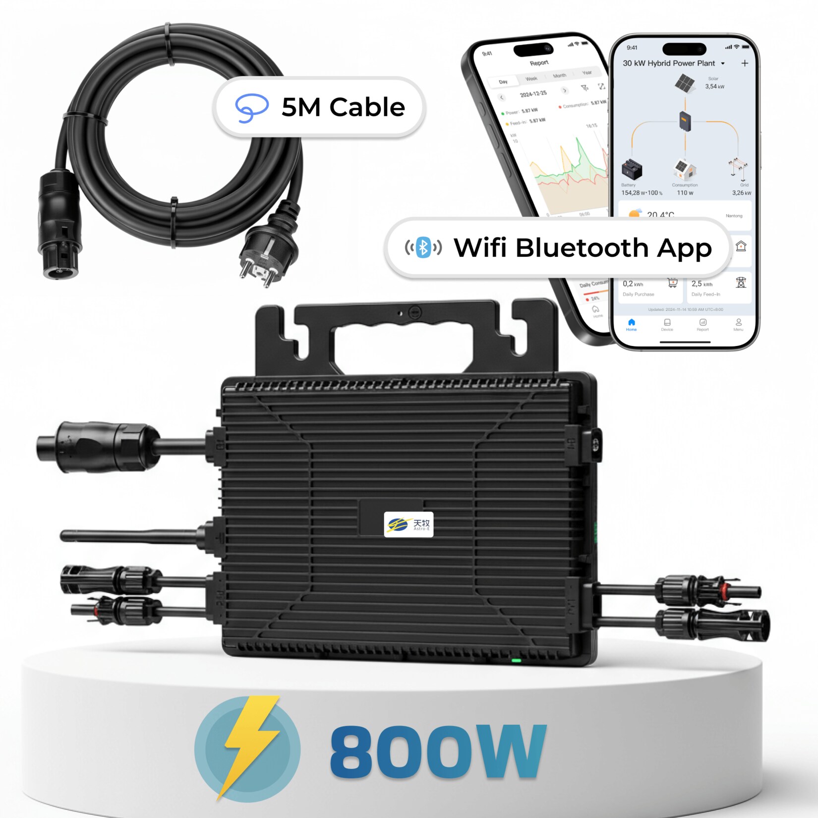 Astro-E  Mikro-Wechselrichter 800 W TM-L800Mi für Balkonkraftwerk, IP67 wetterfest, Plug-&-Play Installation, 2 MPPT, Bluetooth & WIFI, inkl. 5 m Anschlusskabel, Micro Inverter