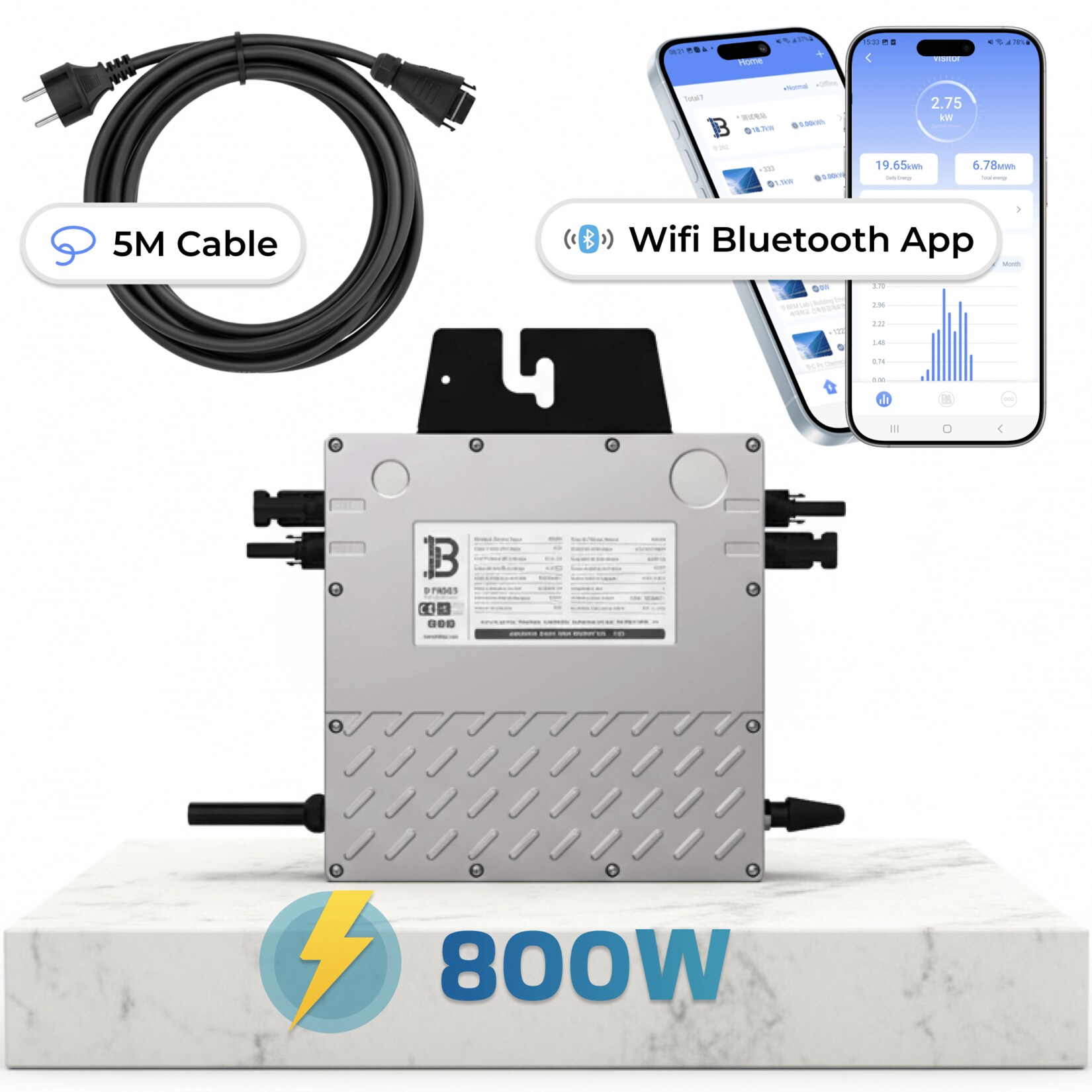 BENY Mikro-Wechselrichter 800 W BYM800 für Balkonkraftwerk, IP67 wetterfest, Plug-&-Play Installation, 2 MPPT, WIFI, inkl. 5 m Anschlusskabel, Micro Inverter