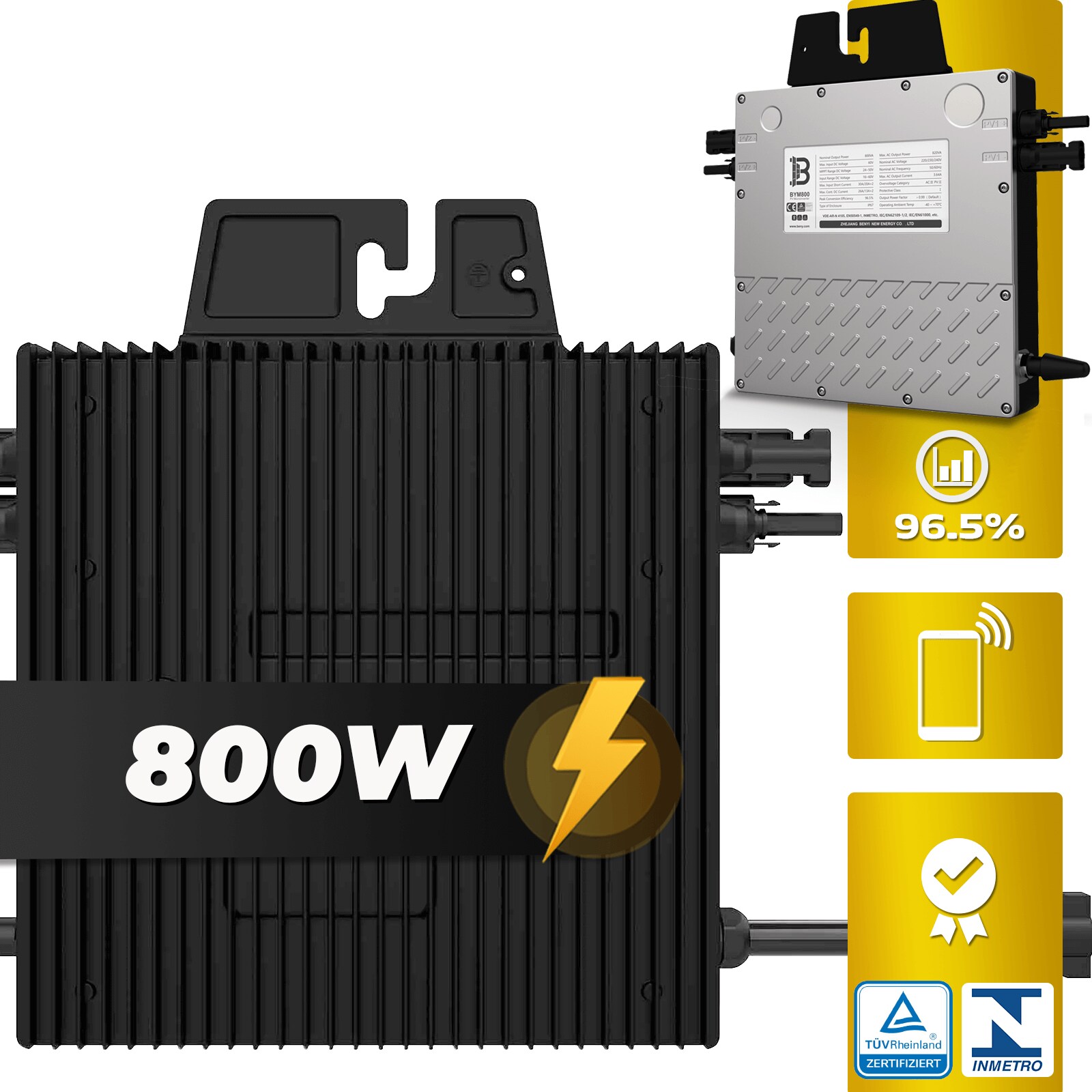 BENY Mikro-Wechselrichter 800 W BYM800 für Balkonkraftwerk, IP67 wetterfest, Plug-&-Play Installation, 2 MPPT, WIFI, Micro Inverter