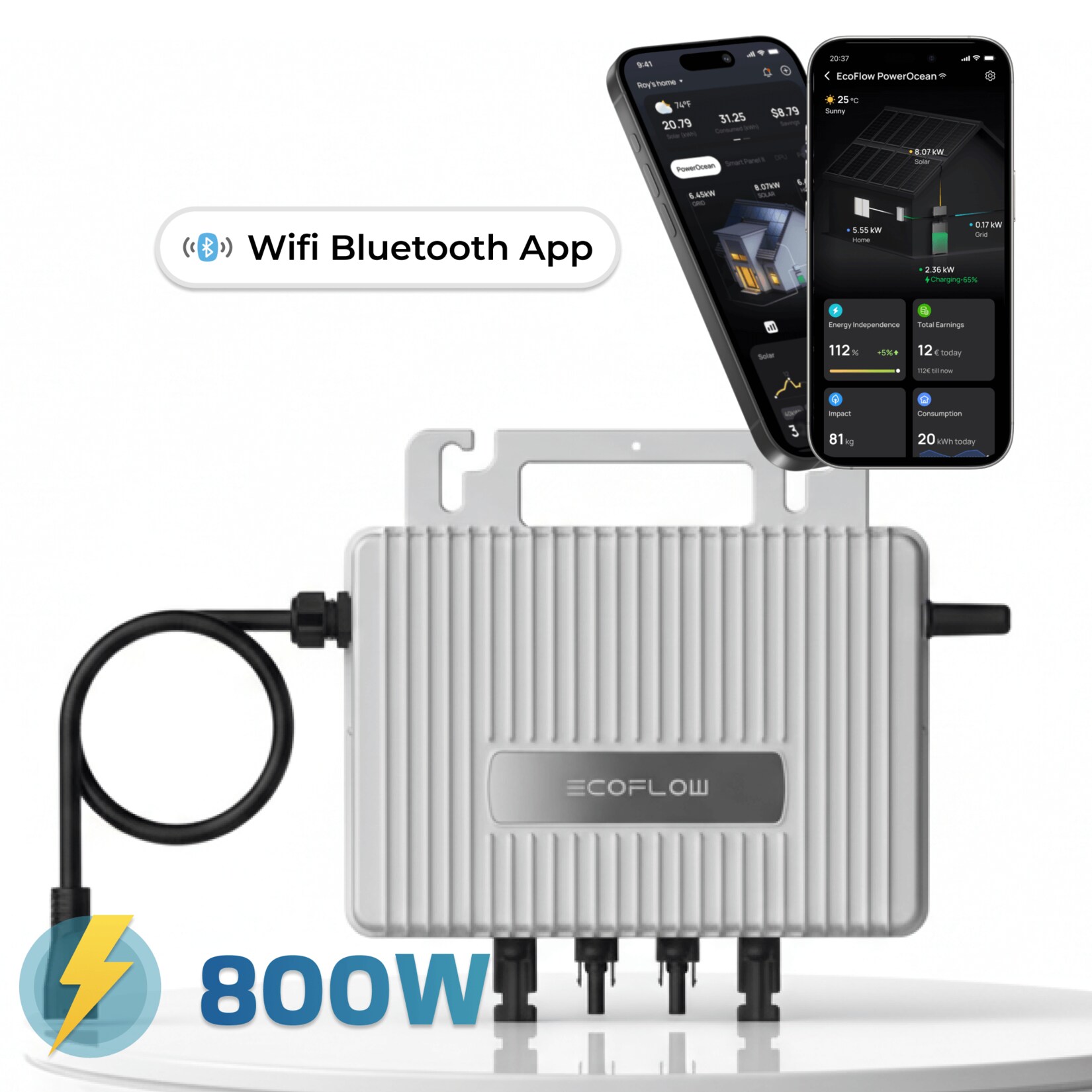 ECOFLOW Mikro-Wechselrichter 800 W EFStreamMI800W für Balkonkraftwerk, IP67 wetterfest, Plug-&-Play Installation, 2 MPPT, Bluetooth & WIFI, Micro Inverter