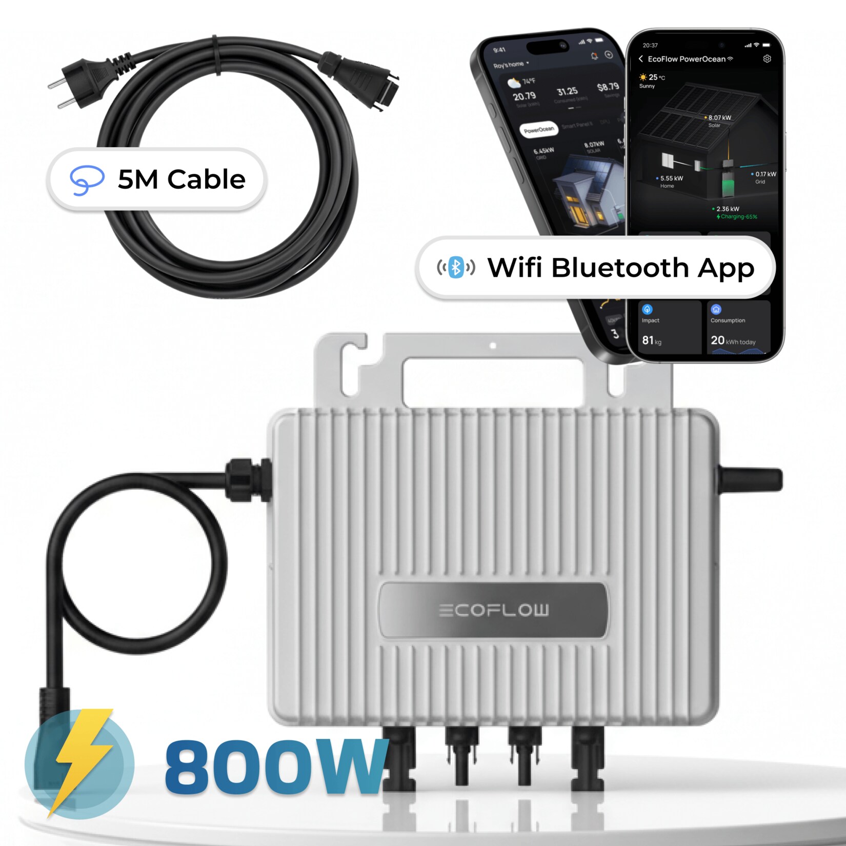 ECOFLOW Mikro-Wechselrichter 800 W EFStreamMI800W für Balkonkraftwerk, IP67 wetterfest, Plug-&-Play Installation, 2 MPPT, Bluetooth & WIFI, inkl. 5 m Anschlusskabel, Micro Inverter