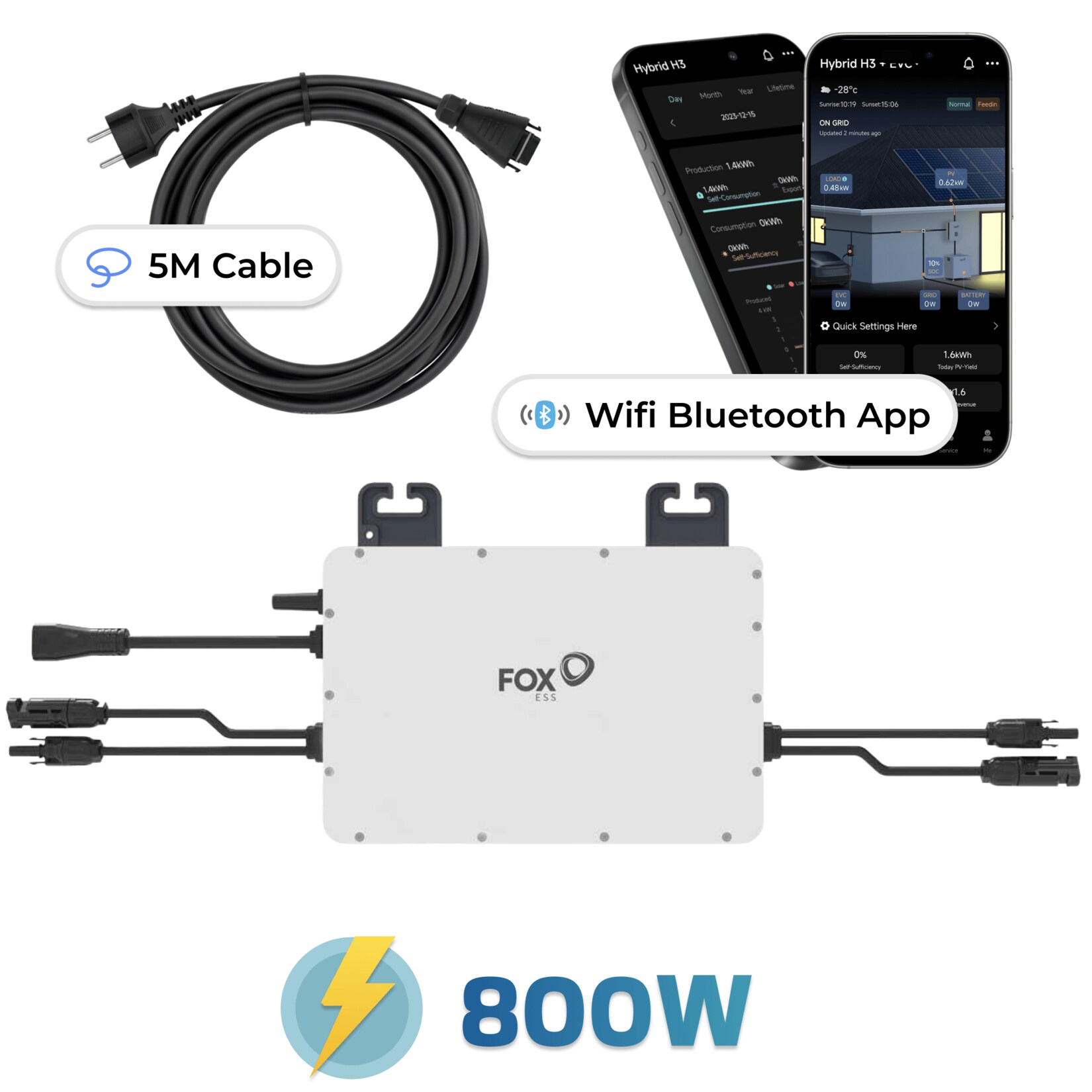 Fox ESS Mikro-Wechselrichter 800 W M1-800-E für Balkonkraftwerk, IP67 wetterfest, Plug-&-Play Installation, 2 MPPT, Bluetooth & WIFI, inkl. 5 m Anschlusskabel, Micro Inverter