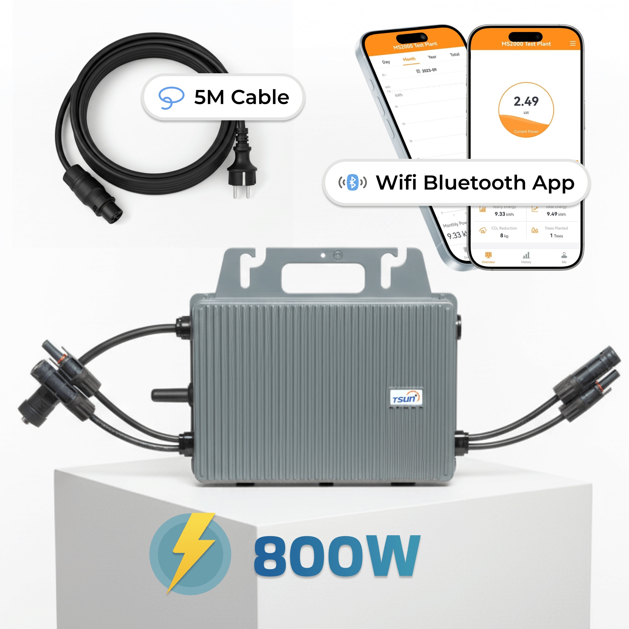 TSUN Mikro-Wechselrichter 800 W TSOL-MS800 f&uuml;r Balkonkraftwerk, IP67 wetterfest, Plug-&-Play Installation, 2 MPPT, Bluetooth & WIFI, inkl. 5 m Anschlusskabel, Micro Inverter 