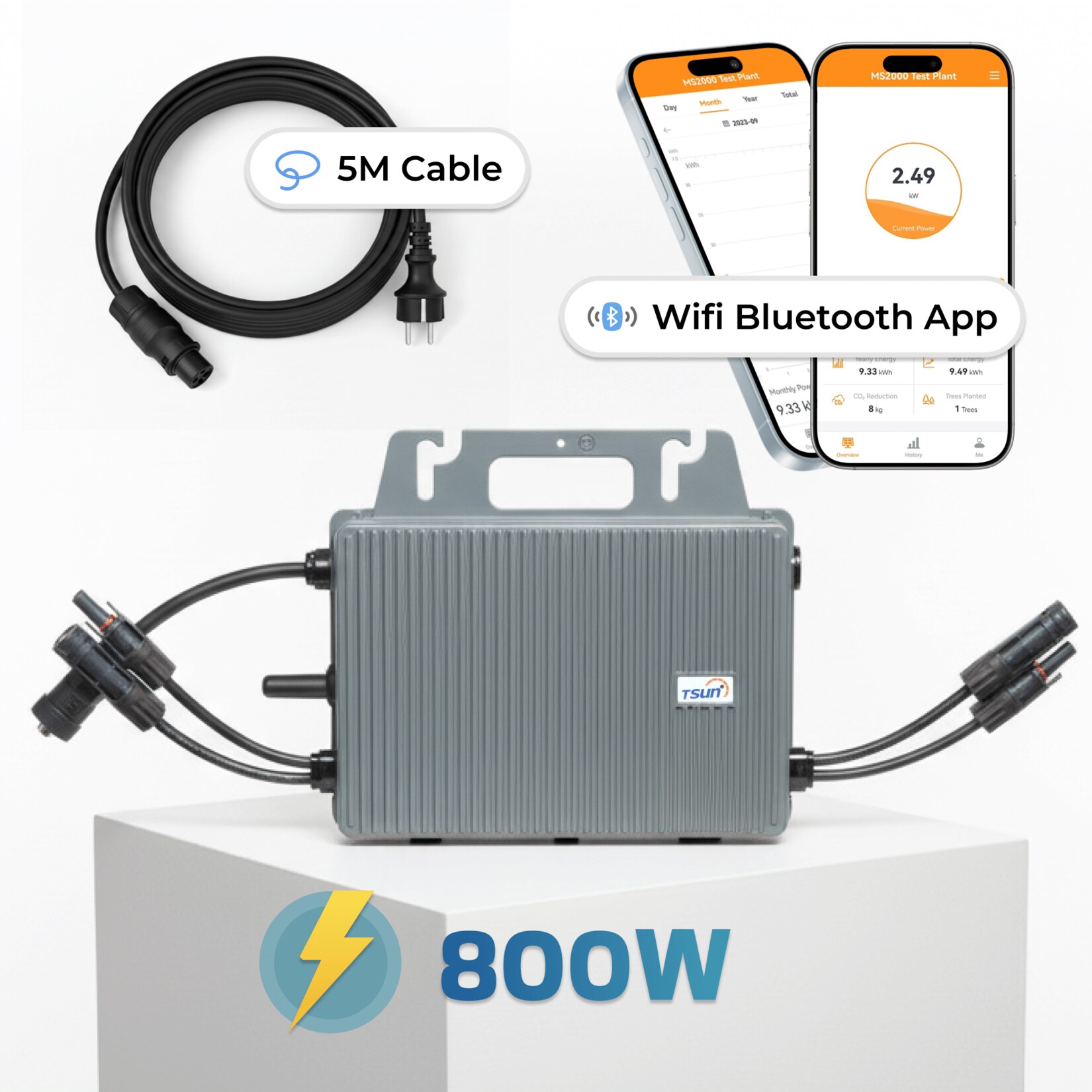 TSUN Mikro-Wechselrichter 800 W TSOL-MS800 für Balkonkraftwerk, IP67 wetterfest, Plug-&-Play Installation, 2 MPPT, Bluetooth & WIFI, inkl. 5 m Anschlusskabel, Micro Inverter