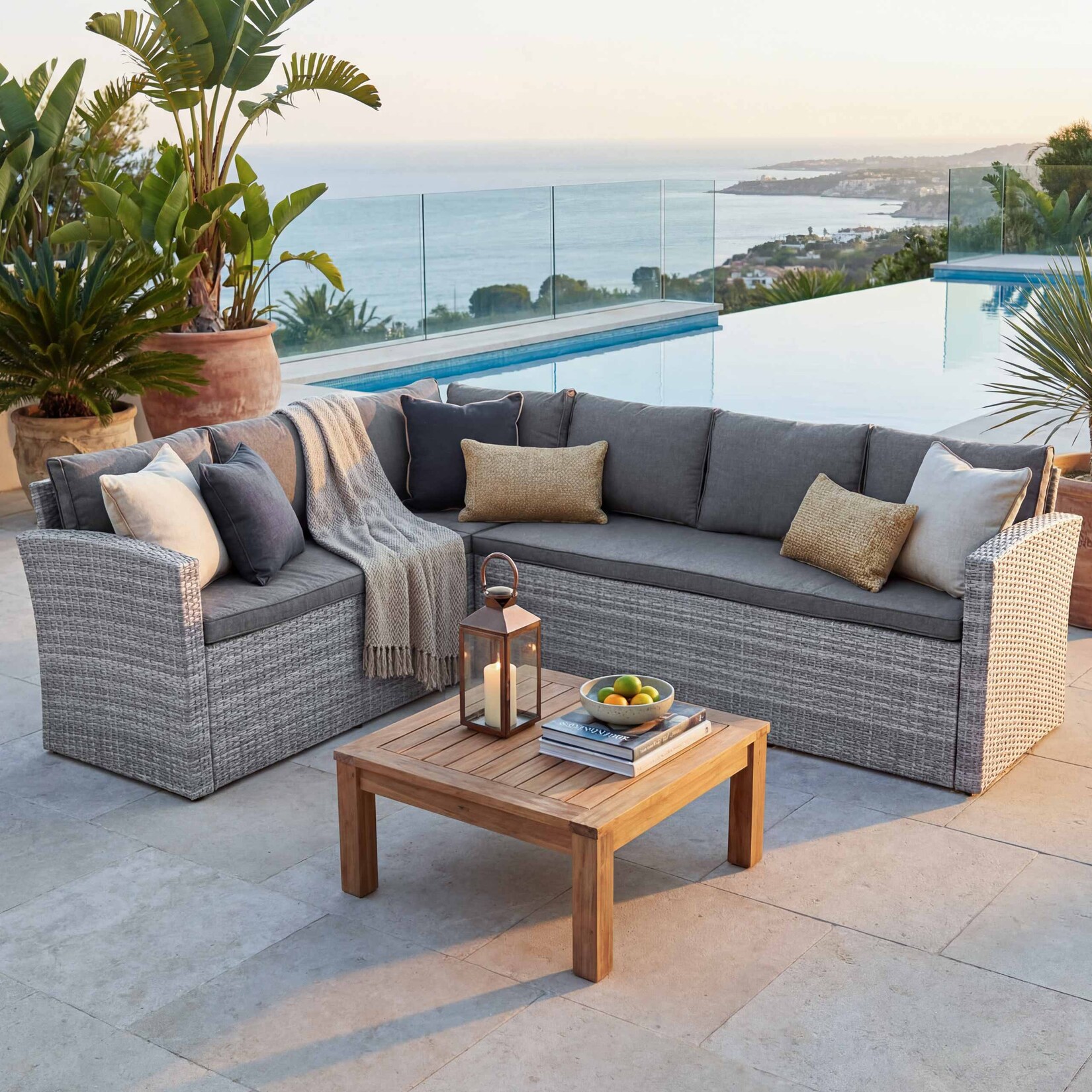 Poly-Rattan Sofa-Garnitur -A29, zwei 3er-Sofas Gartengarnitur Lounge-Sofa Garten ~ hellgrau Kissen grau