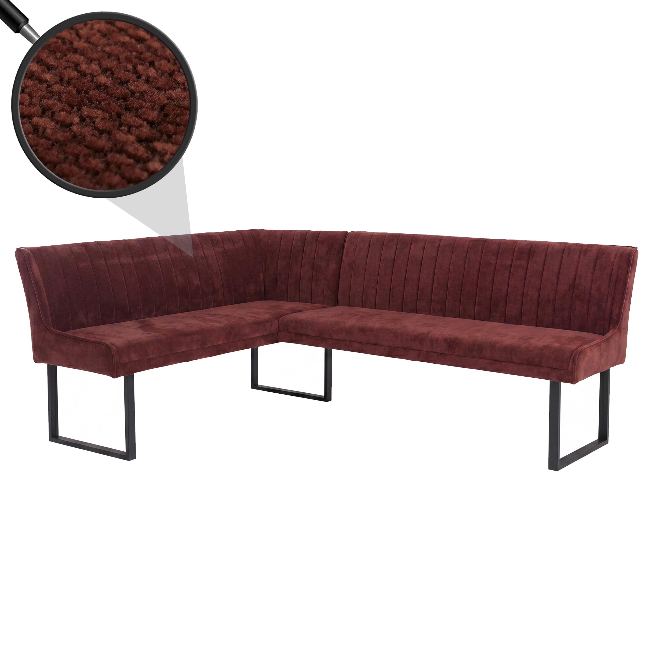 Eckbank MCW-O82, Esszimmerbank Bank, &Ouml;ko-Tex (310g/m&sup2;) Chenille Stoff/Textil Metall 159x210cm ~ rot 