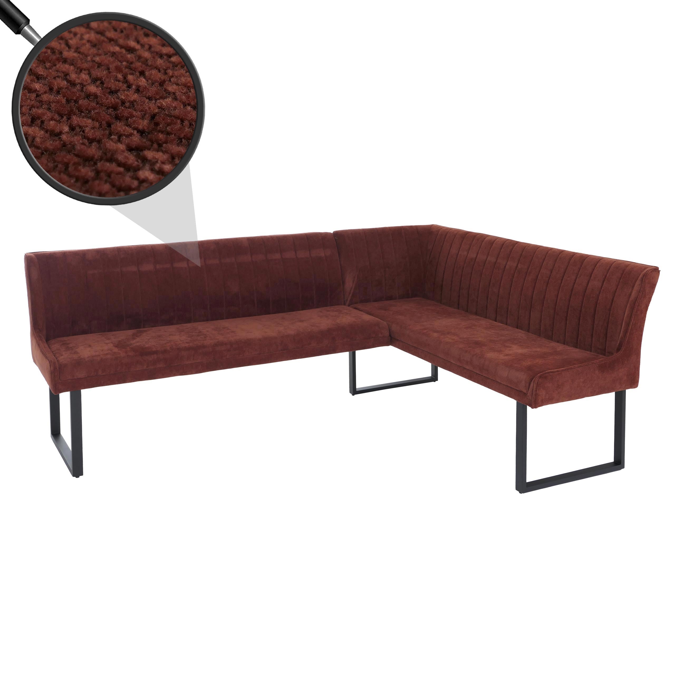 Eckbank MCW-O82, Esszimmerbank Bank, &Ouml;ko-Tex (310g/m&sup2;) Chenille Stoff/Textil Metall 210x159cm ~ rot 