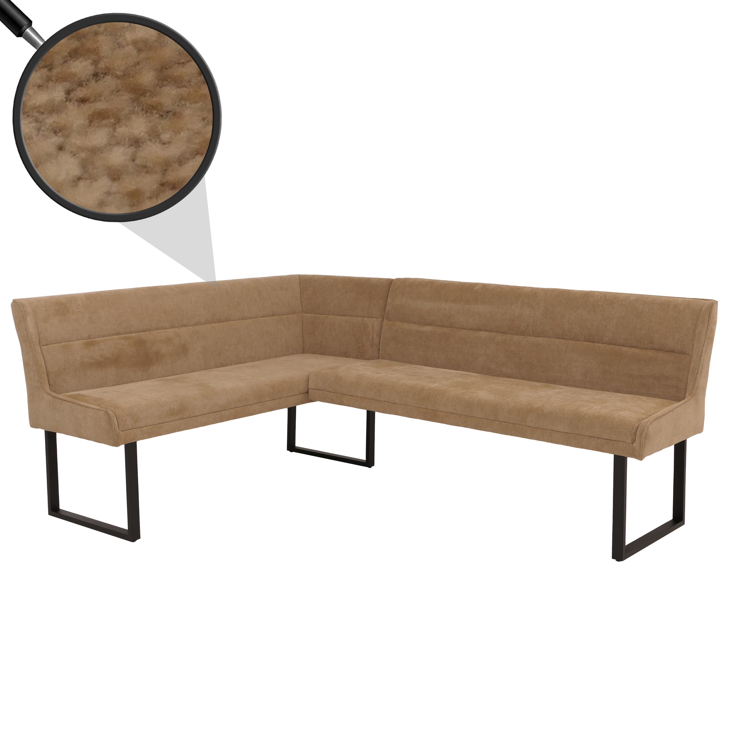 Eckbank MCW-O81, Esszimmerbank Bank, &Ouml;ko-Tex (310g/m&sup2;) Chenille Stoff/Textil Metall 159x210cm ~ hellbraun 