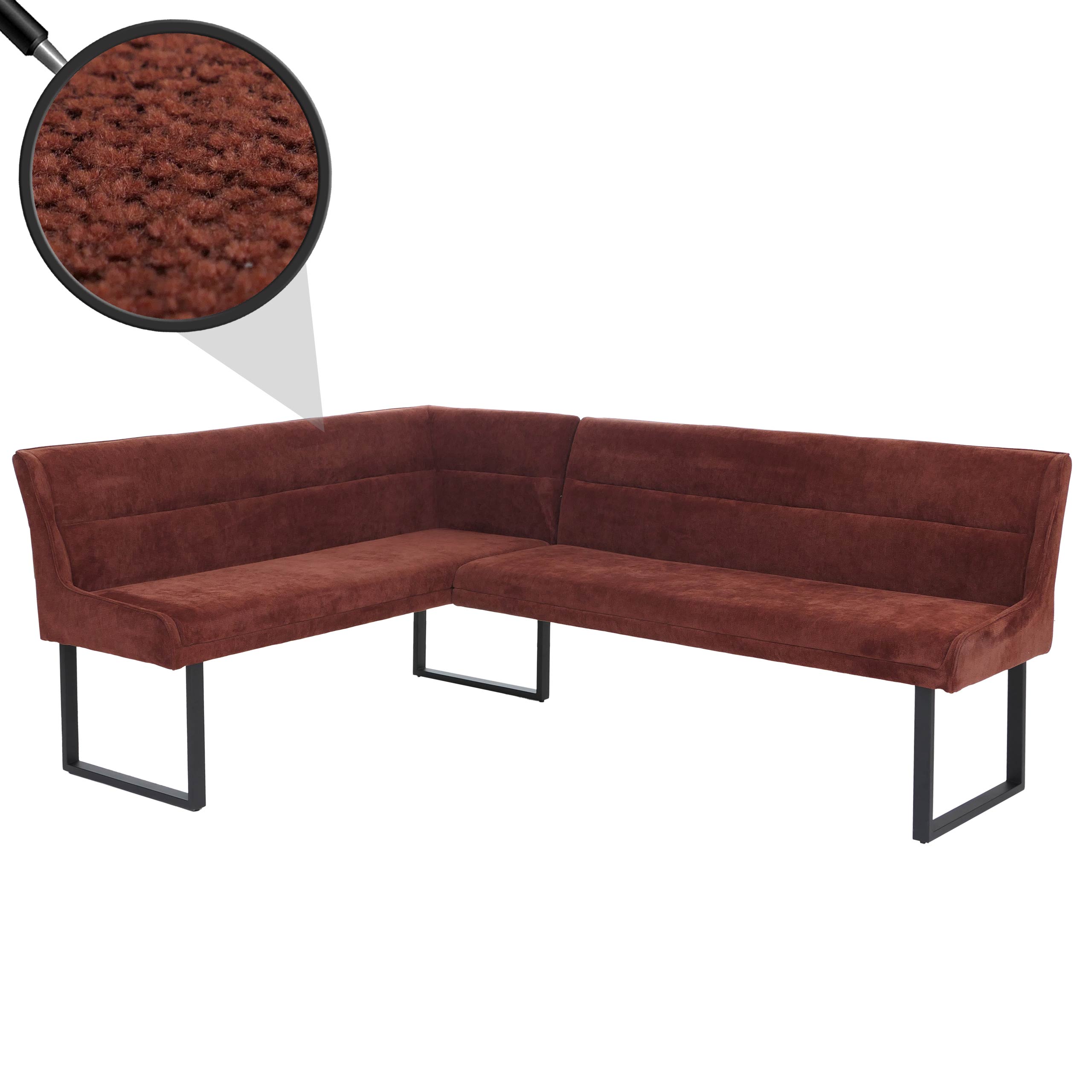 Eckbank MCW-O81, Esszimmerbank Bank, &Ouml;ko-Tex (310g/m&sup2;) Chenille Stoff/Textil Metall 159x210cm ~ rot 