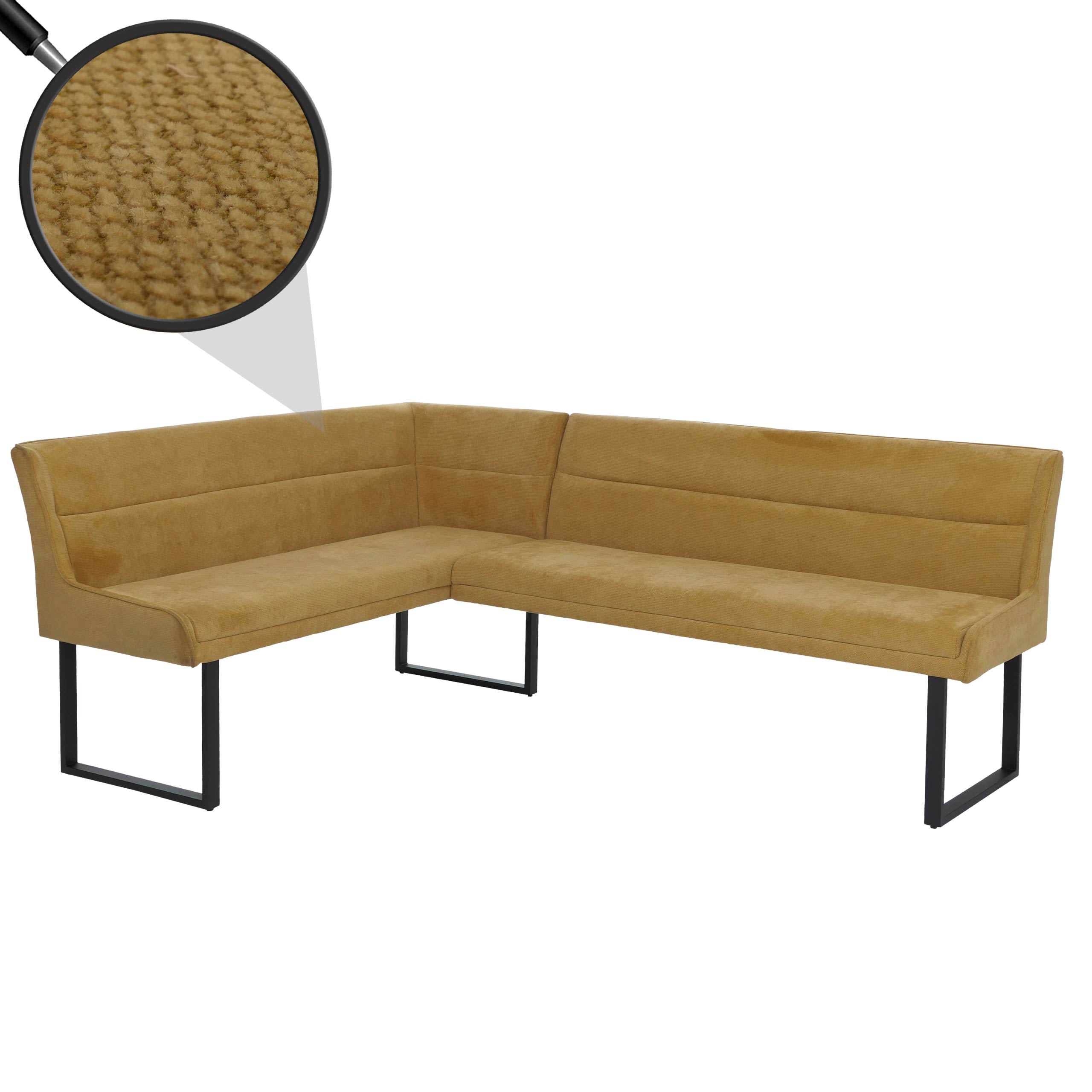 Eckbank MCW-O81, Esszimmerbank Bank, &Ouml;ko-Tex (310g/m&sup2;) Chenille Stoff/Textil Metall 159x210cm ~ senfgelb 