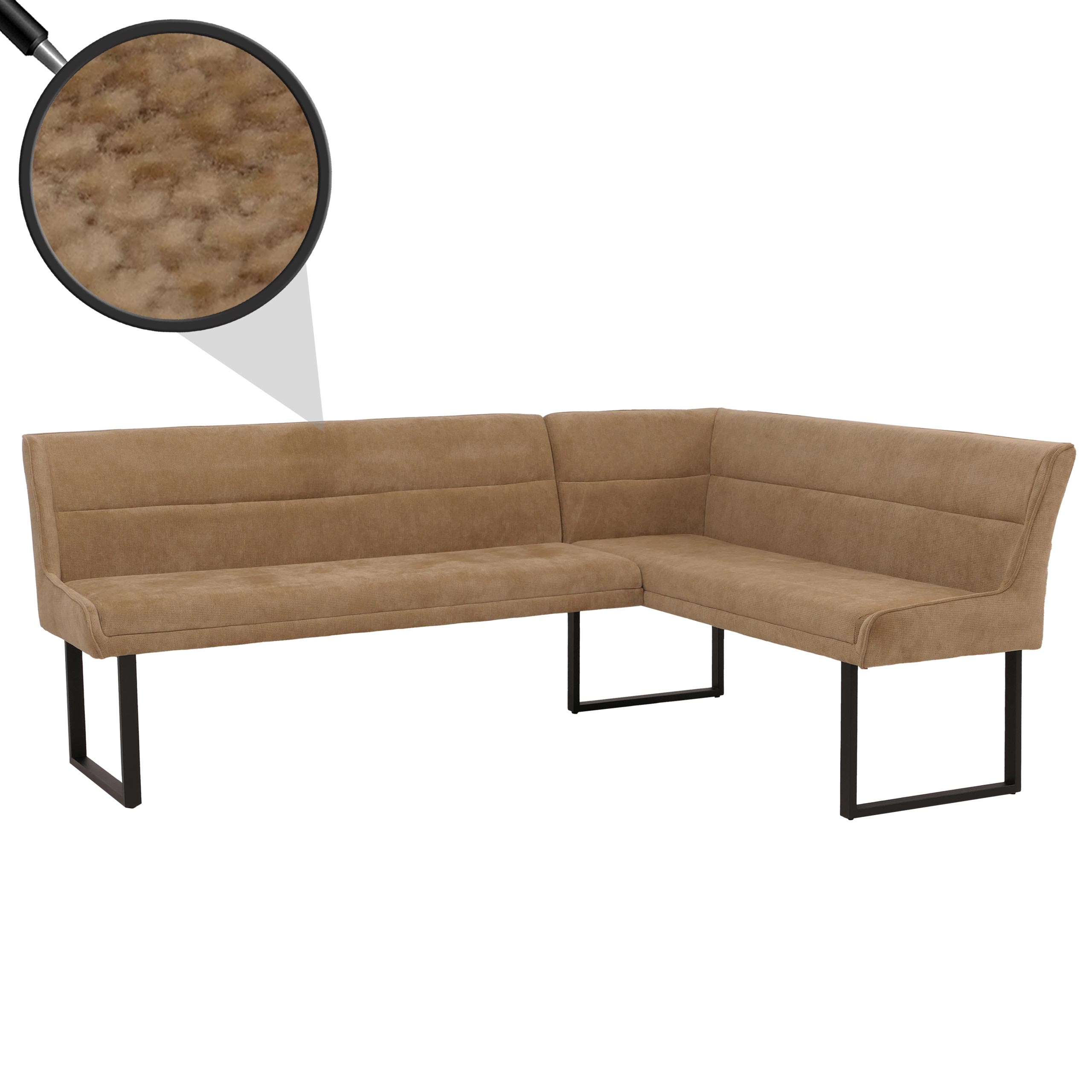 Eckbank MCW-O81, Esszimmerbank Bank, &Ouml;ko-Tex (310g/m&sup2;) Chenille Stoff/Textil Metall 210x159 ~ hellbraun 