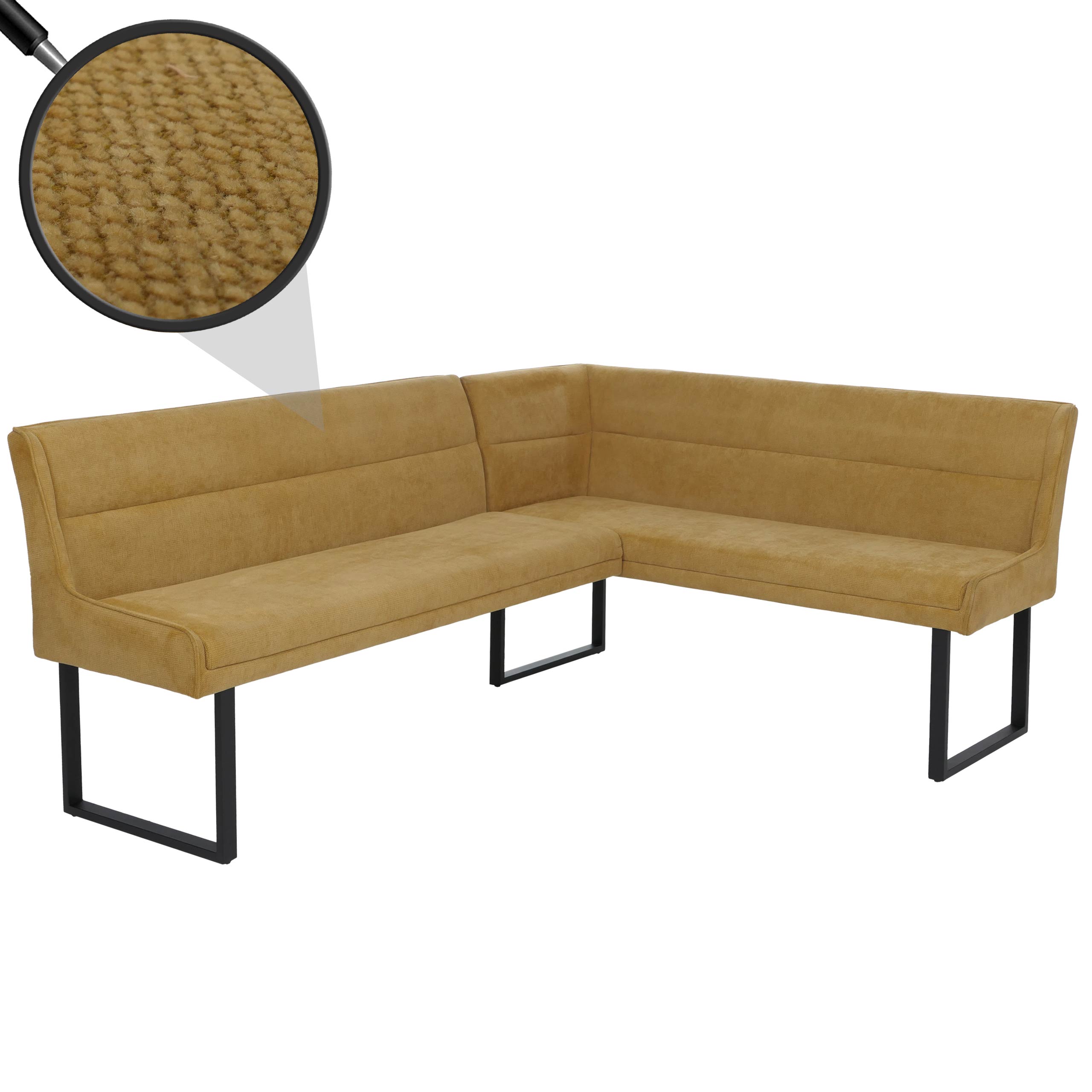 Eckbank MCW-O81, Esszimmerbank Bank, &Ouml;ko-Tex (310g/m&sup2;) Chenille Stoff/Textil Metall 210x159cm ~ senfgelb 