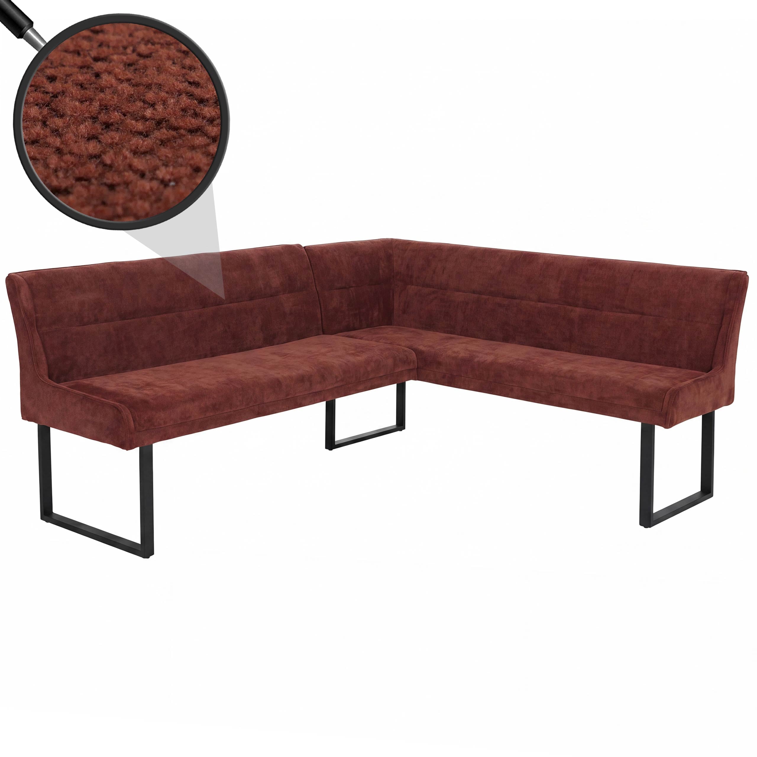 Eckbank MCW-O81, Esszimmerbank Bank, &Ouml;ko-Tex (310g/m&sup2;) Chenille Stoff/Textil Metall 210x159cm ~ rot 