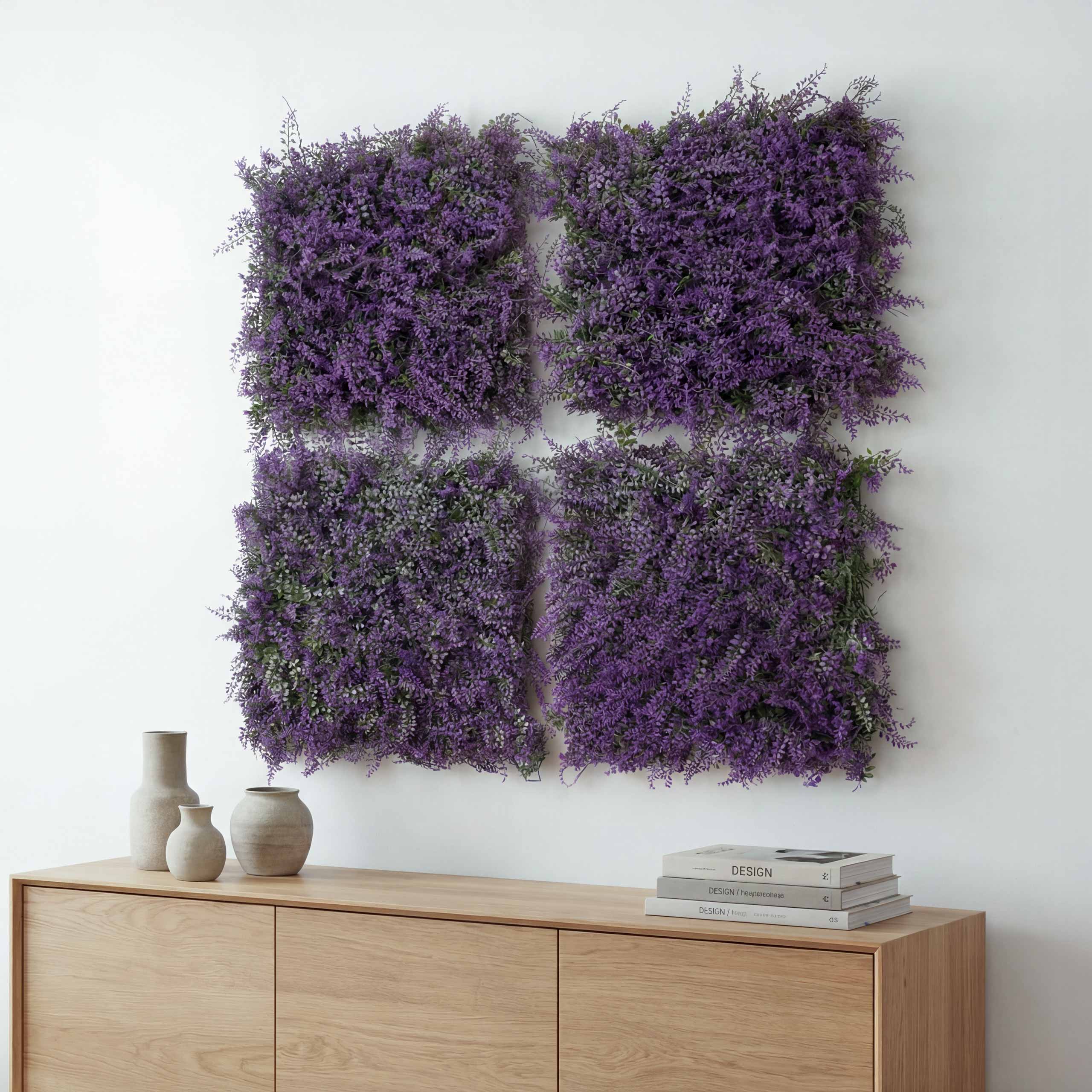 Wandpaneel MCW-O95, Pflanzenwand Wanddeko Kunstpflanze, In-/Outdoor, 4x je 50x50cm = 1m&sup2; ~ Bl&auml;tter lila/gr&uuml;n 