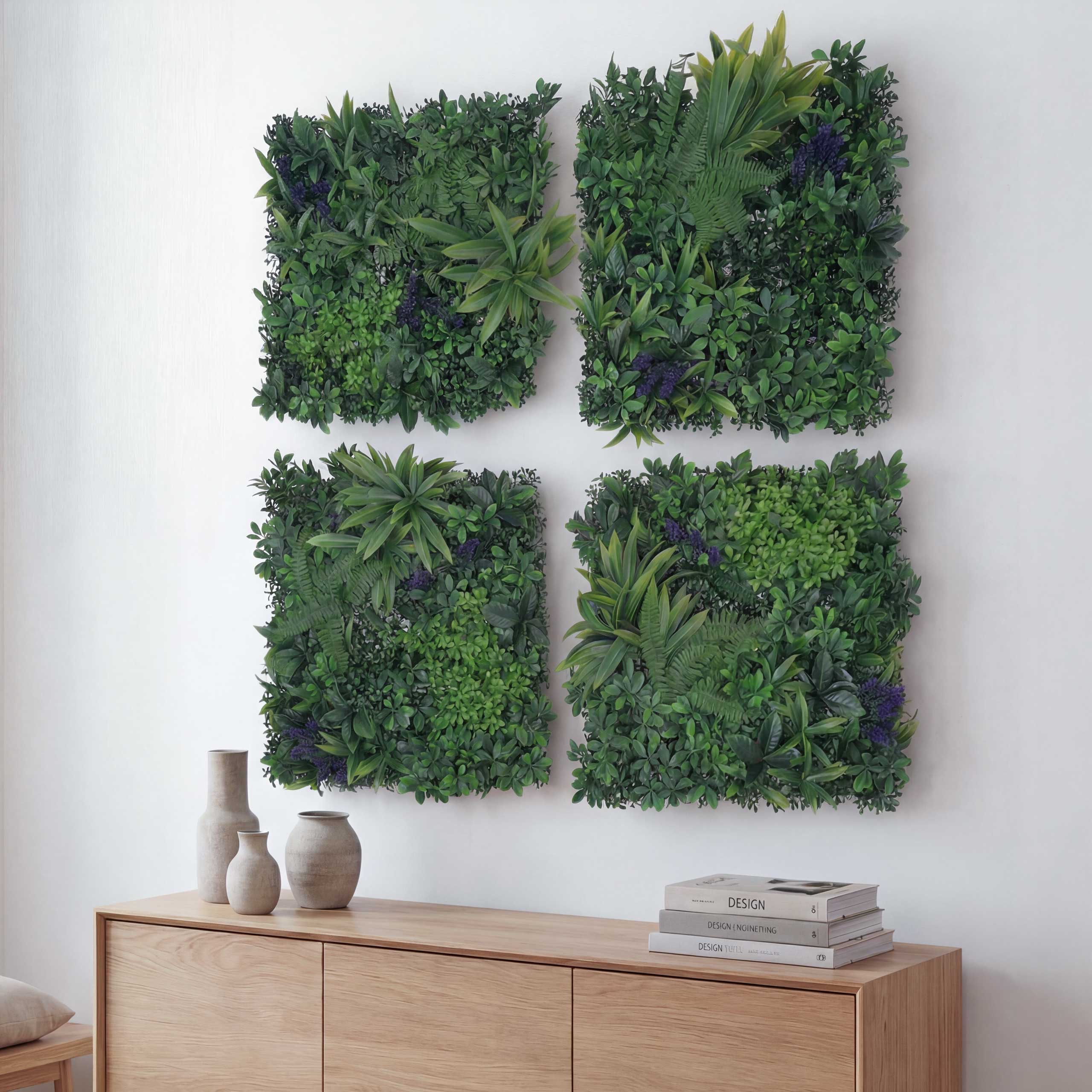 Wandpaneel MCW-O95, Pflanzenwand Wanddeko Kunstpflanze, In-/Outdoor, 4x je 50x50cm = 1m&sup2; ~ Bl&auml;tter gr&uuml;n, lila Bl&uuml;ten 