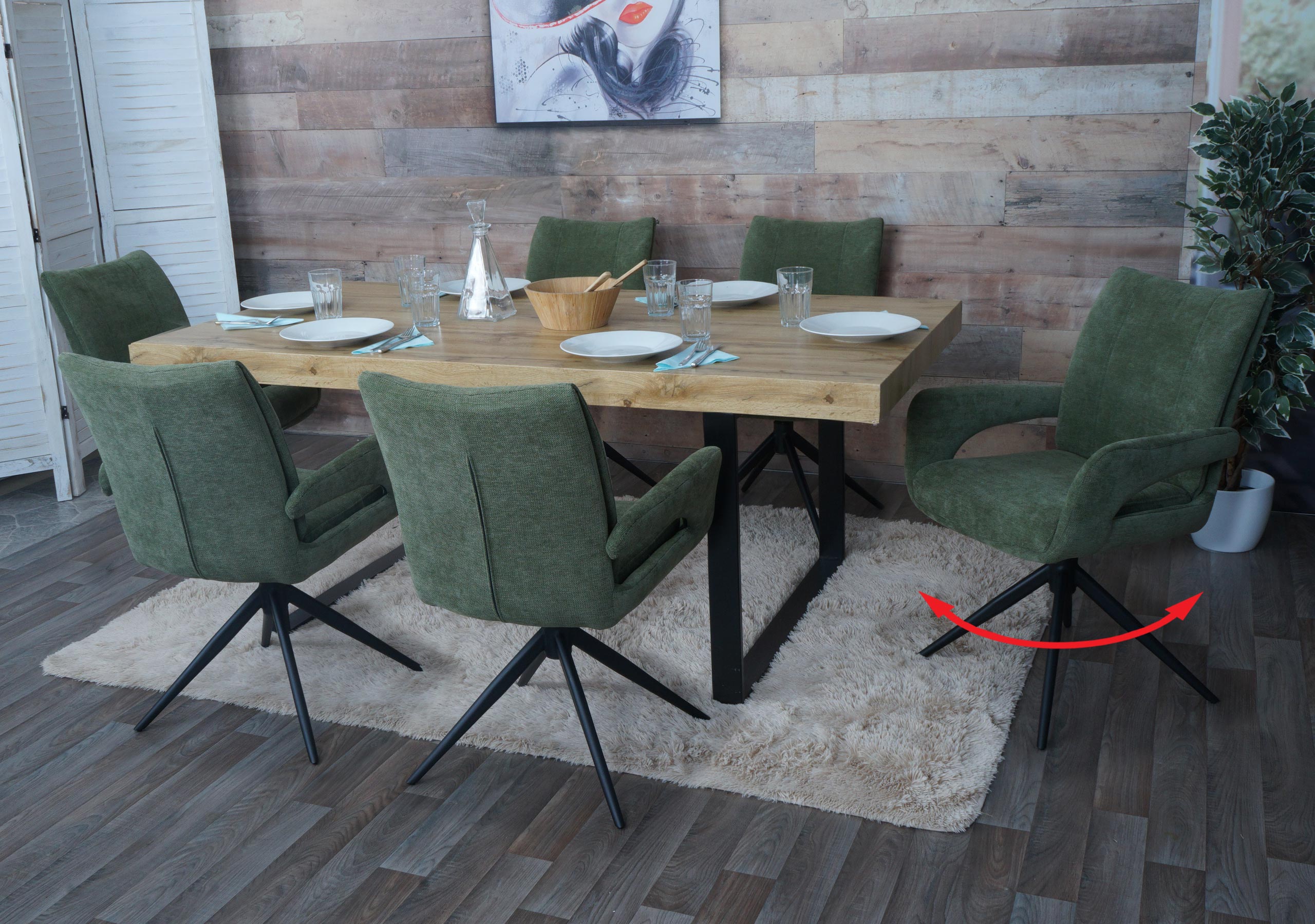 6er-Set Esszimmerstuhl MCW-O78, K&uuml;chenstuhl, drehbar Auto-Return, Stoff/Textil Chenille (310g/m&sup2;) &Ouml;ko-Tex ~ gr&uuml;n 