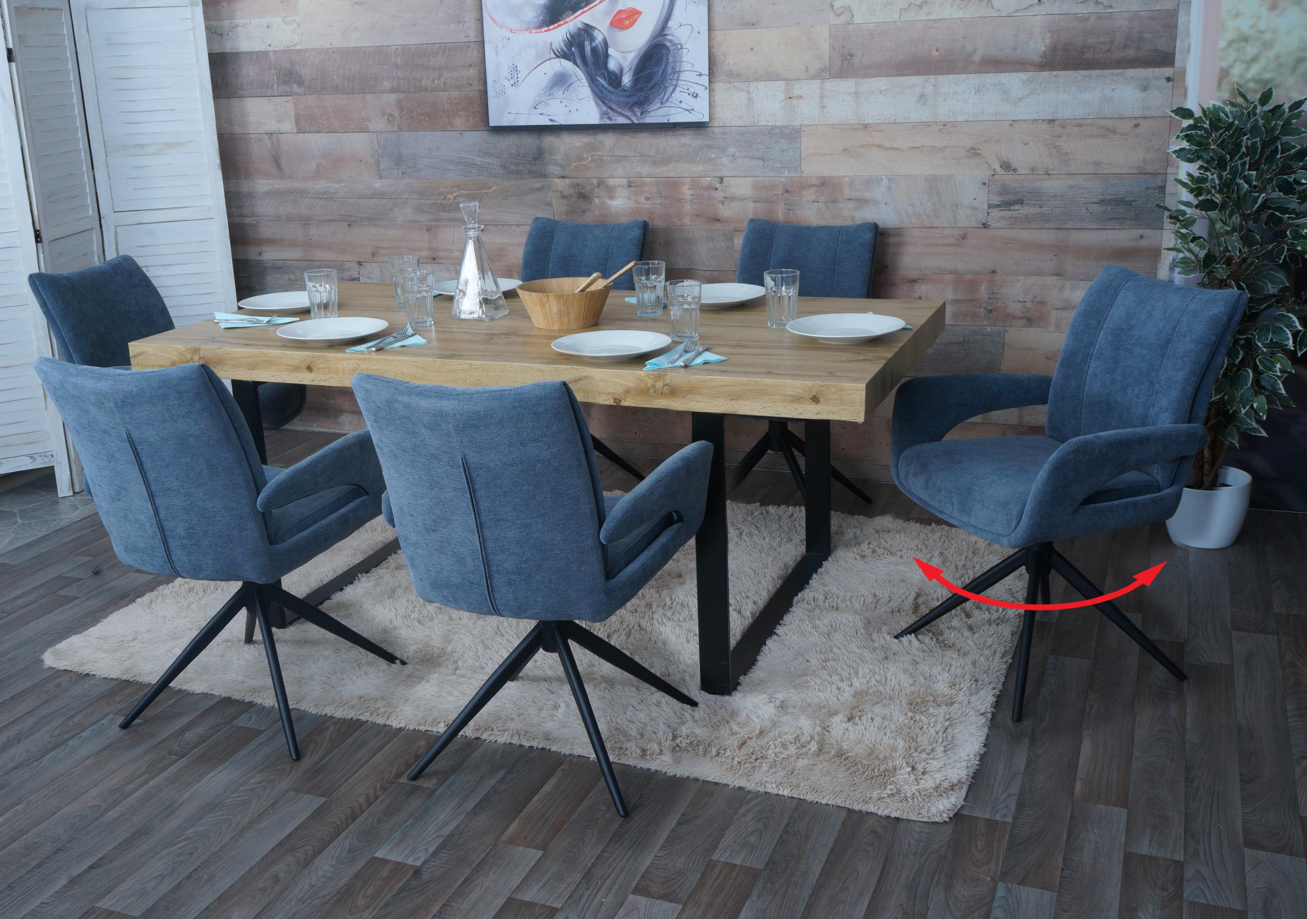 6er-Set Esszimmerstuhl MCW-O78, K&uuml;chenstuhl, drehbar Auto-Return, Stoff/Textil Chenille (310g/m&sup2;) &Ouml;ko-Tex ~ graublau 