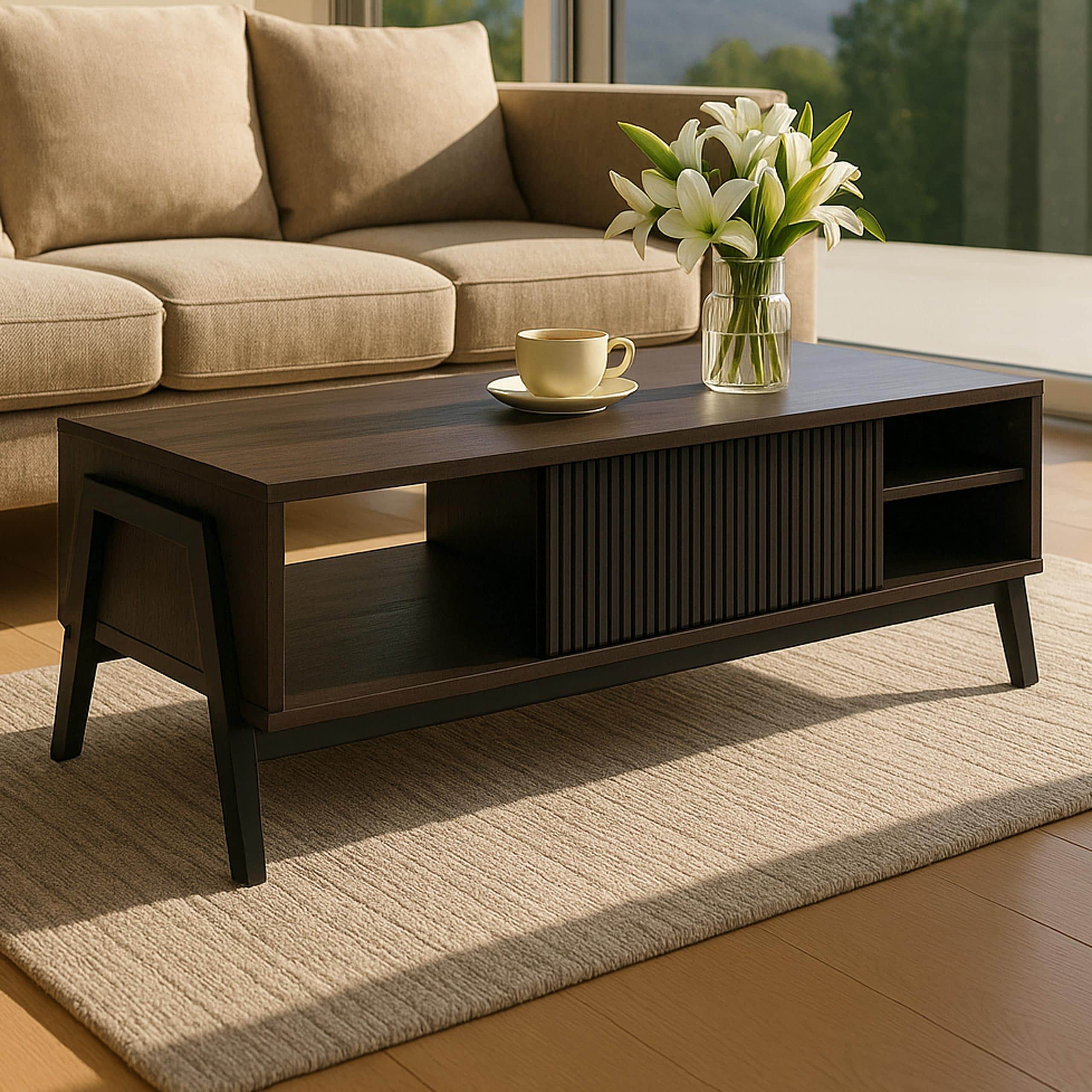 Couchtisch MCW-O40, Wohnzimmertisch Sofatisch, Stauf&auml;cher Schiebet&uuml;r MDF Metall Melamin 42x120x60cm ~ Walnuss-Optik 