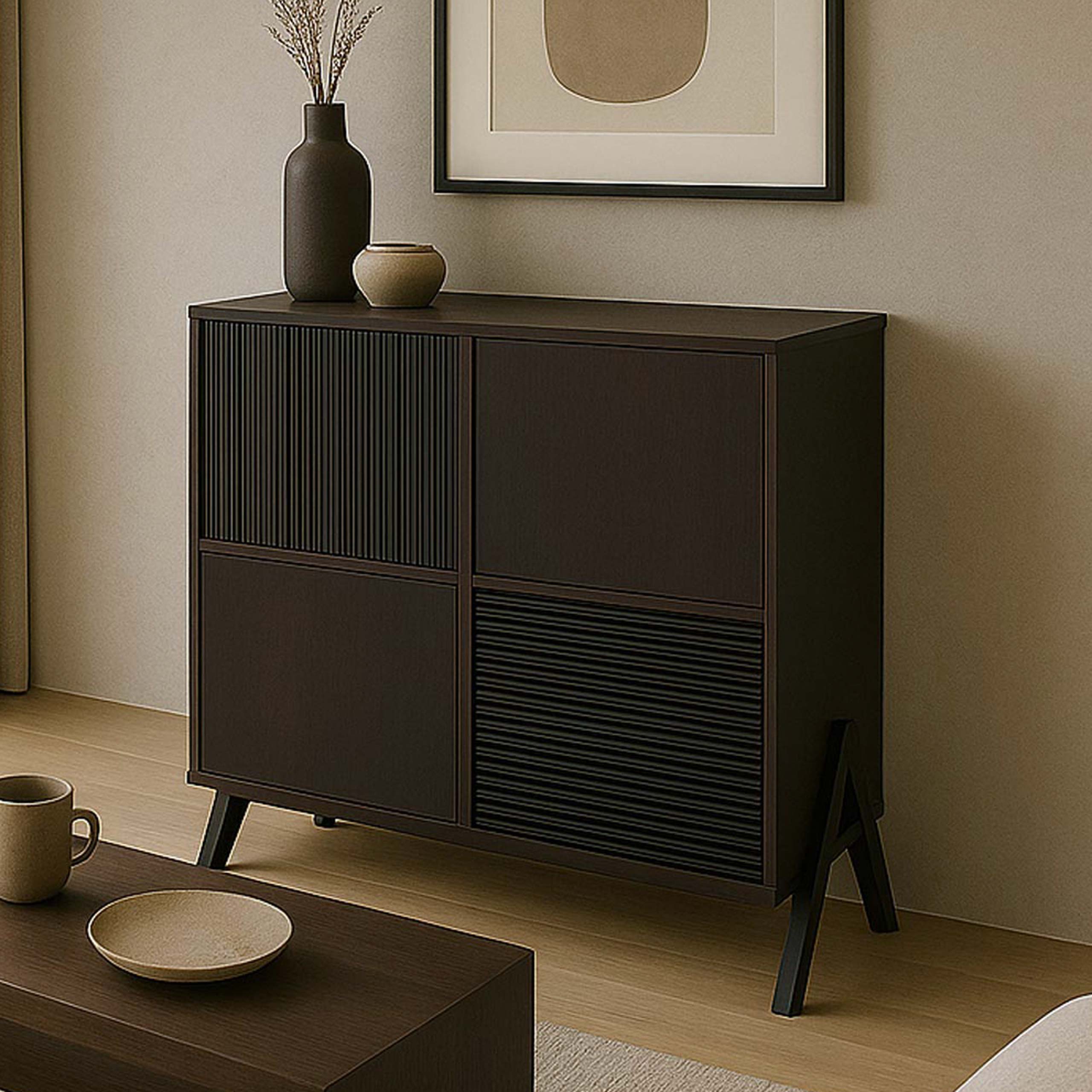 Kommode MCW-O40, Schrank Sideboard Highboard mit T&uuml;ren Stauf&auml;cher, MDF Metall Melamin 94x79x42cm ~ Walnuss-Optik 