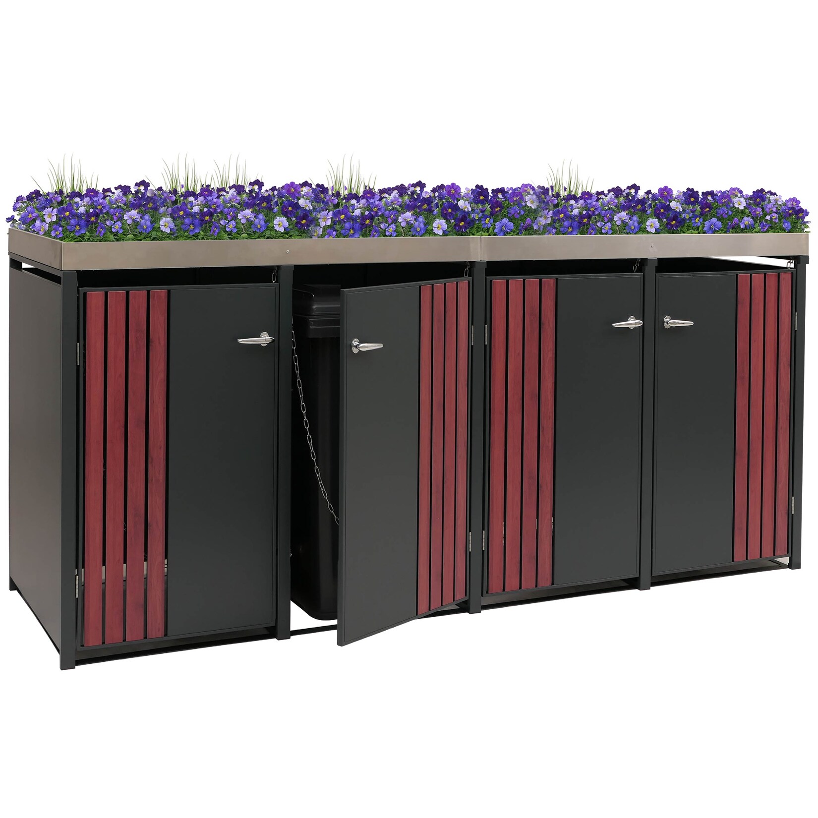 4er-Mülltonnenverkleidung -O67, Mülltonnenbox mit Pflanzkasten, Metall 125x260x84cm  ~ anthrazit Holzoptik dunkel