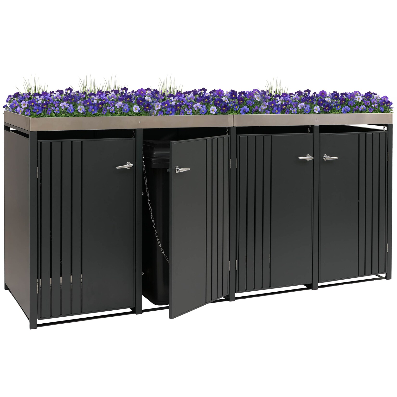 4er-Mülltonnenverkleidung -O67, Mülltonnenbox mit Pflanzkasten, Metall 125x260x84cm  ~ anthrazit