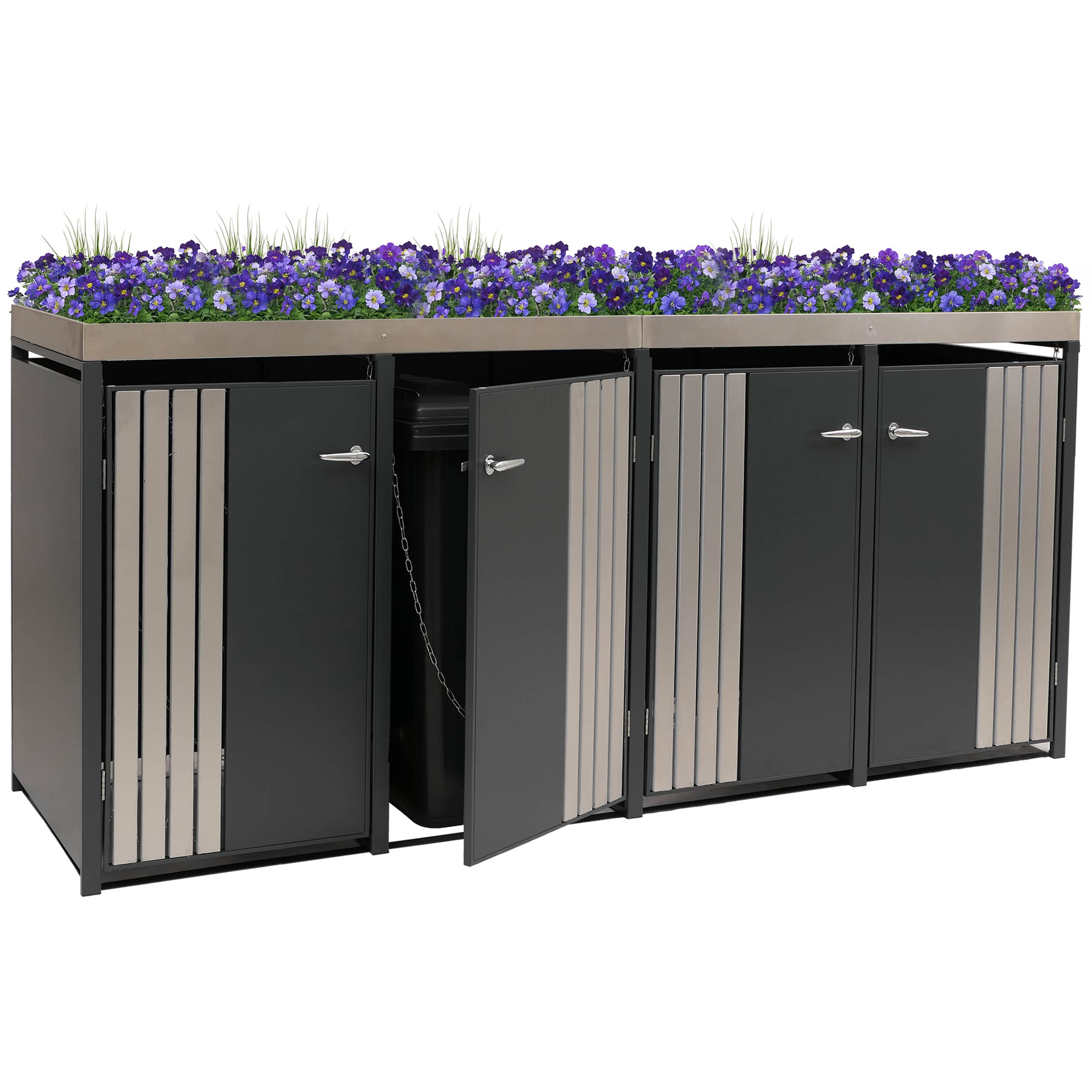 4er-M&uuml;lltonnenverkleidung MCW-O67, M&uuml;lltonnenbox mit Pflanzkasten, Metall 125x260x84cm 95kg ~ anthrazit Edelstahl 
