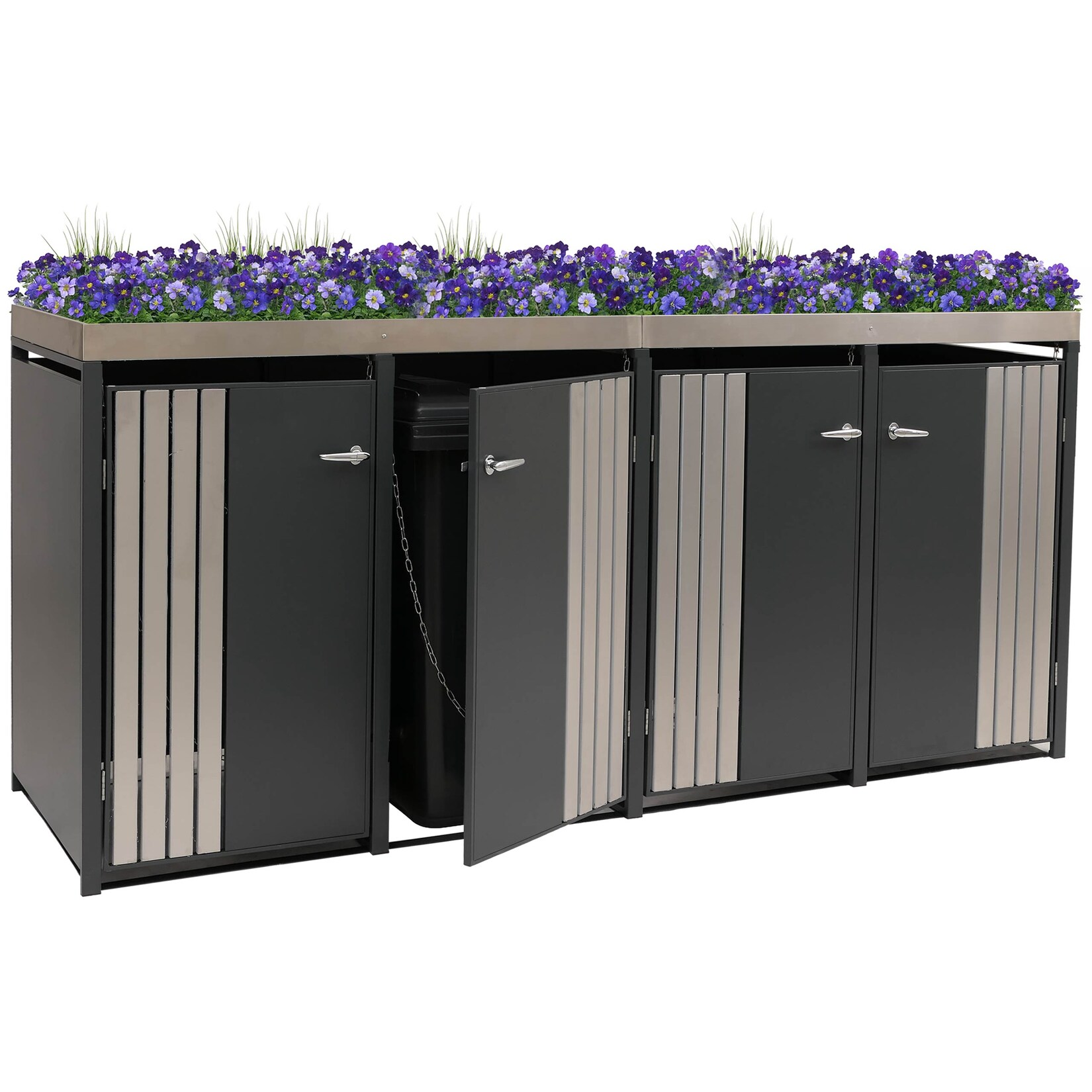 4er-Mülltonnenverkleidung -O67, Mülltonnenbox mit Pflanzkasten, Metall 125x260x84cm  ~ anthrazit Edelstahl