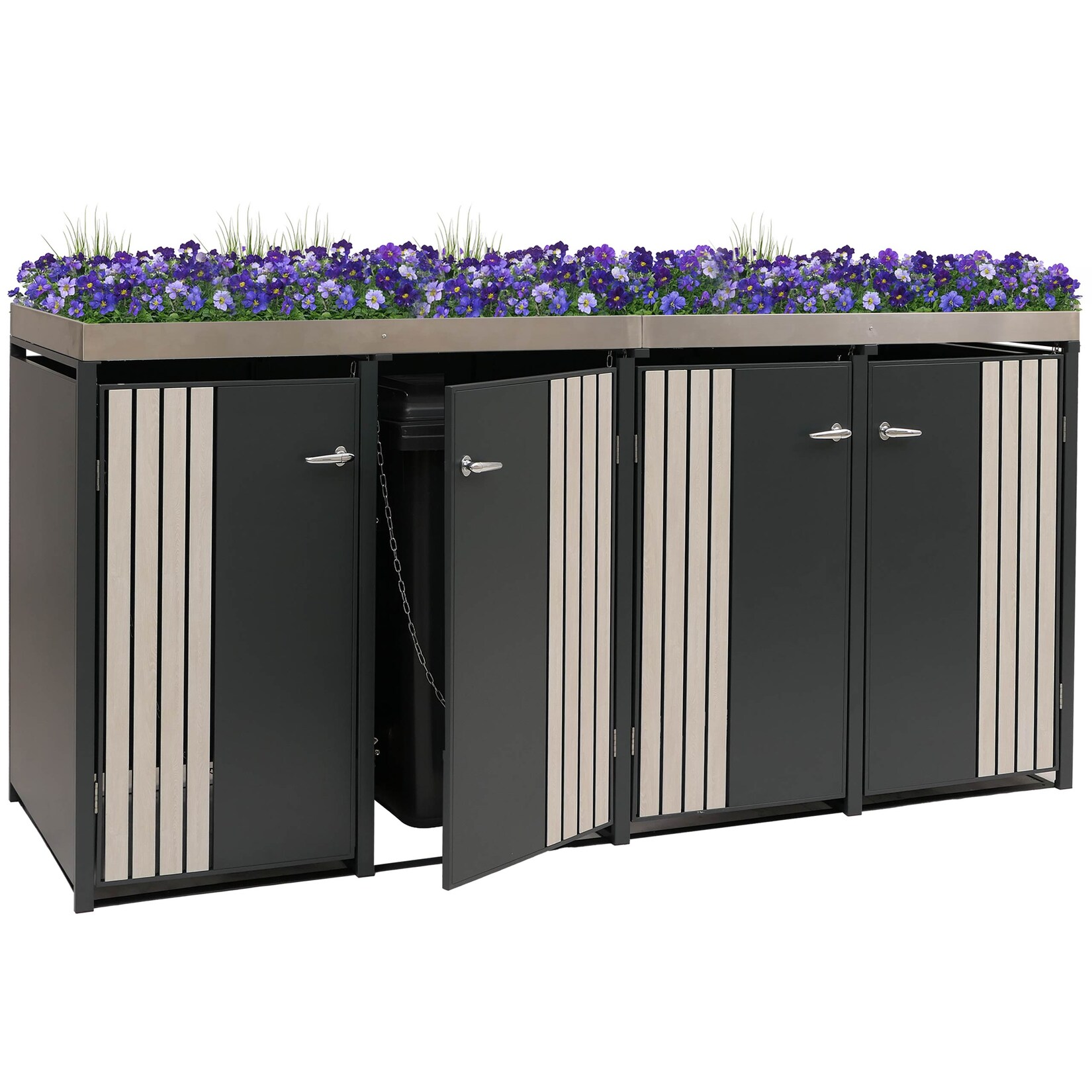 4er-Mülltonnenverkleidung -O67, Mülltonnenbox mit Pflanzkasten, Metall 125x260x84cm  ~ anthrazit Holzoptik hell