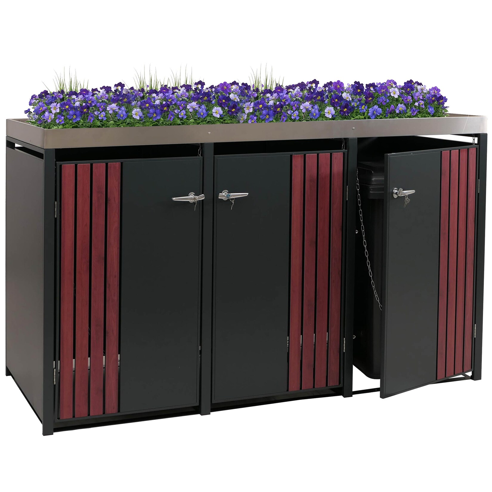 3er-Mülltonnenverkleidung -O67, Mülltonnenbox mit Pflanzkasten, Metall 125x196x84cm  ~ anthrazit Holzoptik dunkel
