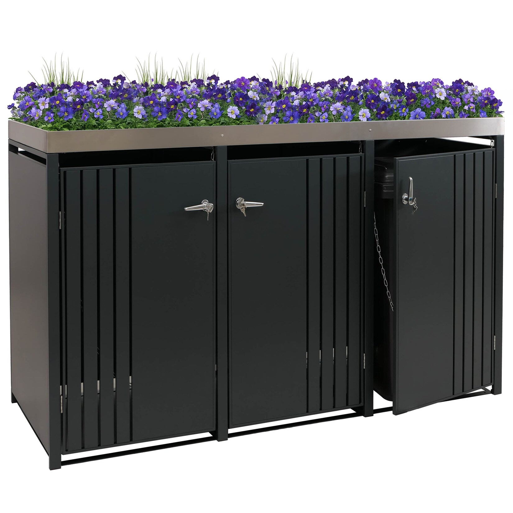 3er-Mülltonnenverkleidung -O67, Mülltonnenbox mit Pflanzkasten, Metall 125x196x84cm  ~ anthrazit