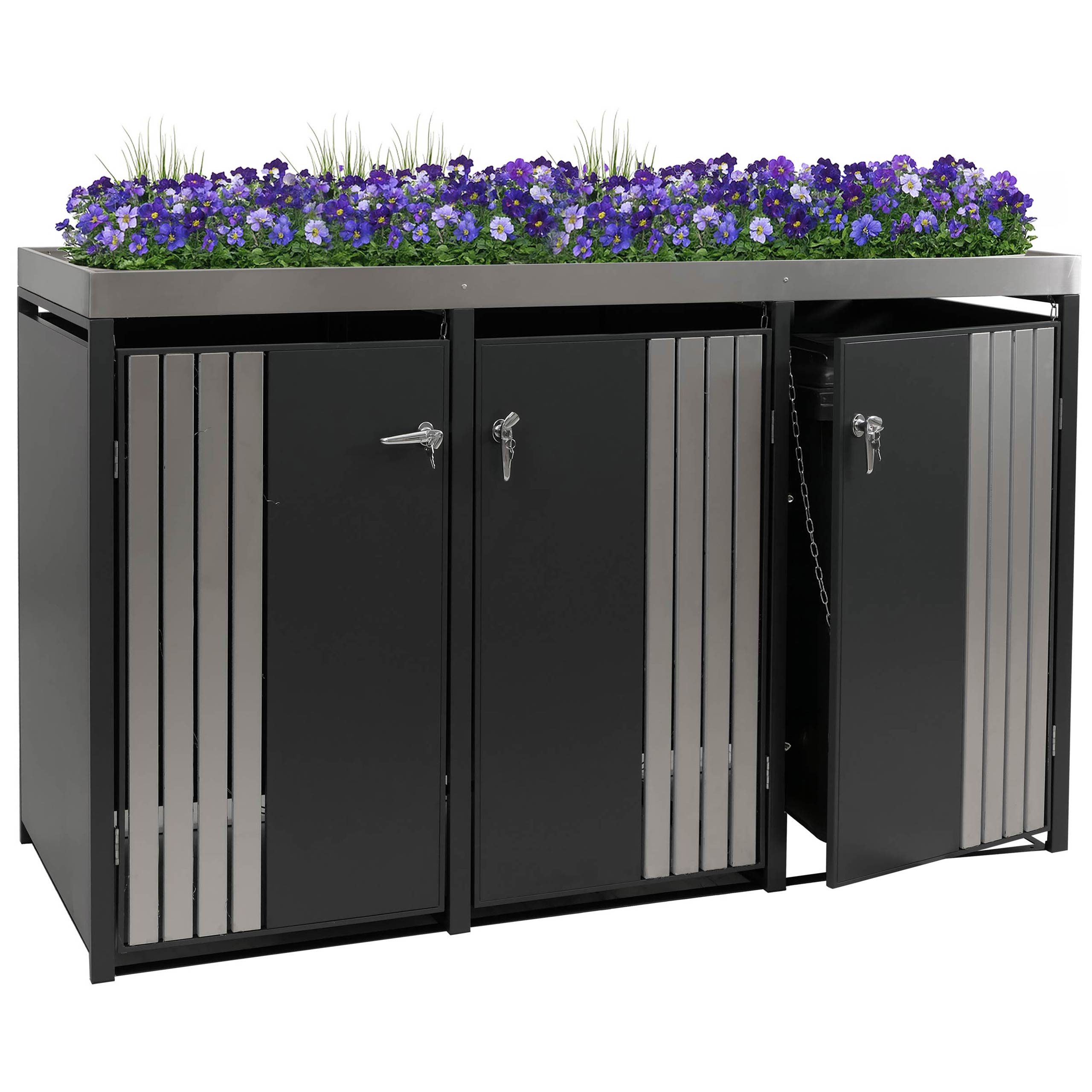3er-M&uuml;lltonnenverkleidung MCW-O67, M&uuml;lltonnenbox mit Pflanzkasten, Metall 125x196x84cm 75kg ~ anthrazit Edelstahl 