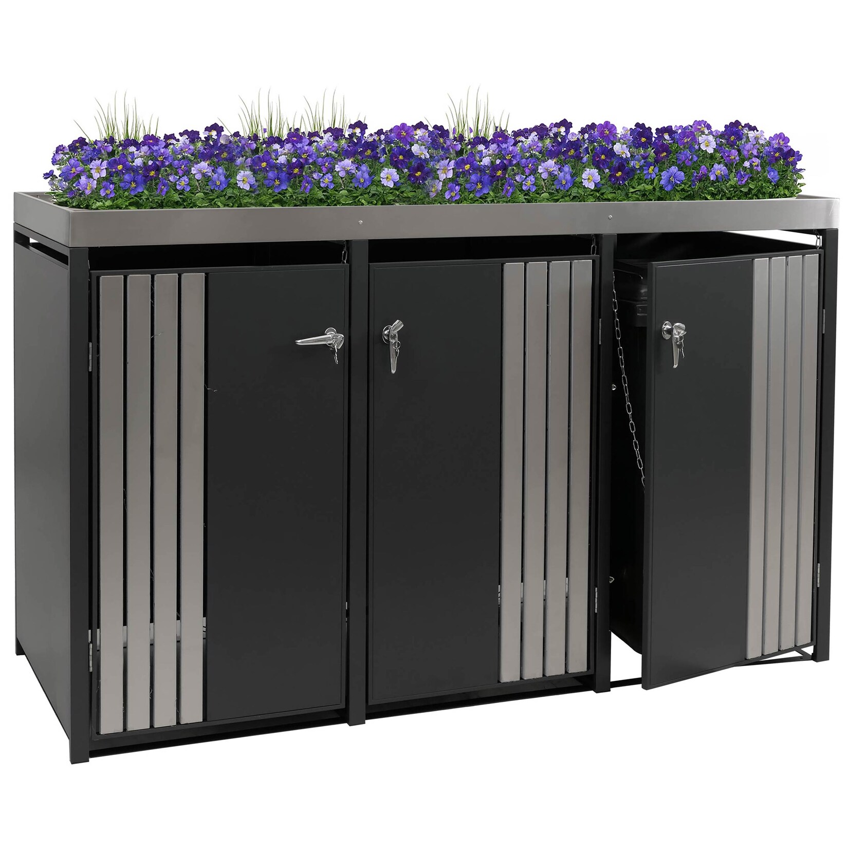3er-Mülltonnenverkleidung -O67, Mülltonnenbox mit Pflanzkasten, Metall 125x196x84cm  ~ anthrazit Edelstahl
