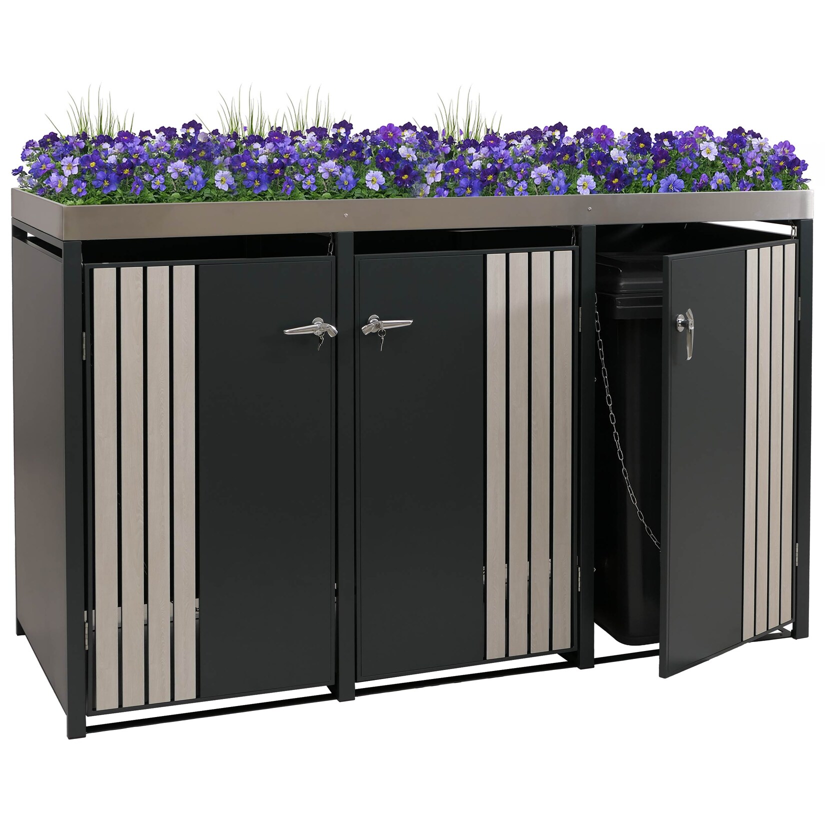 3er-Mülltonnenverkleidung -O67, Mülltonnenbox mit Pflanzkasten, Metall 125x196x84cm  ~ anthrazit Holzoptik hell