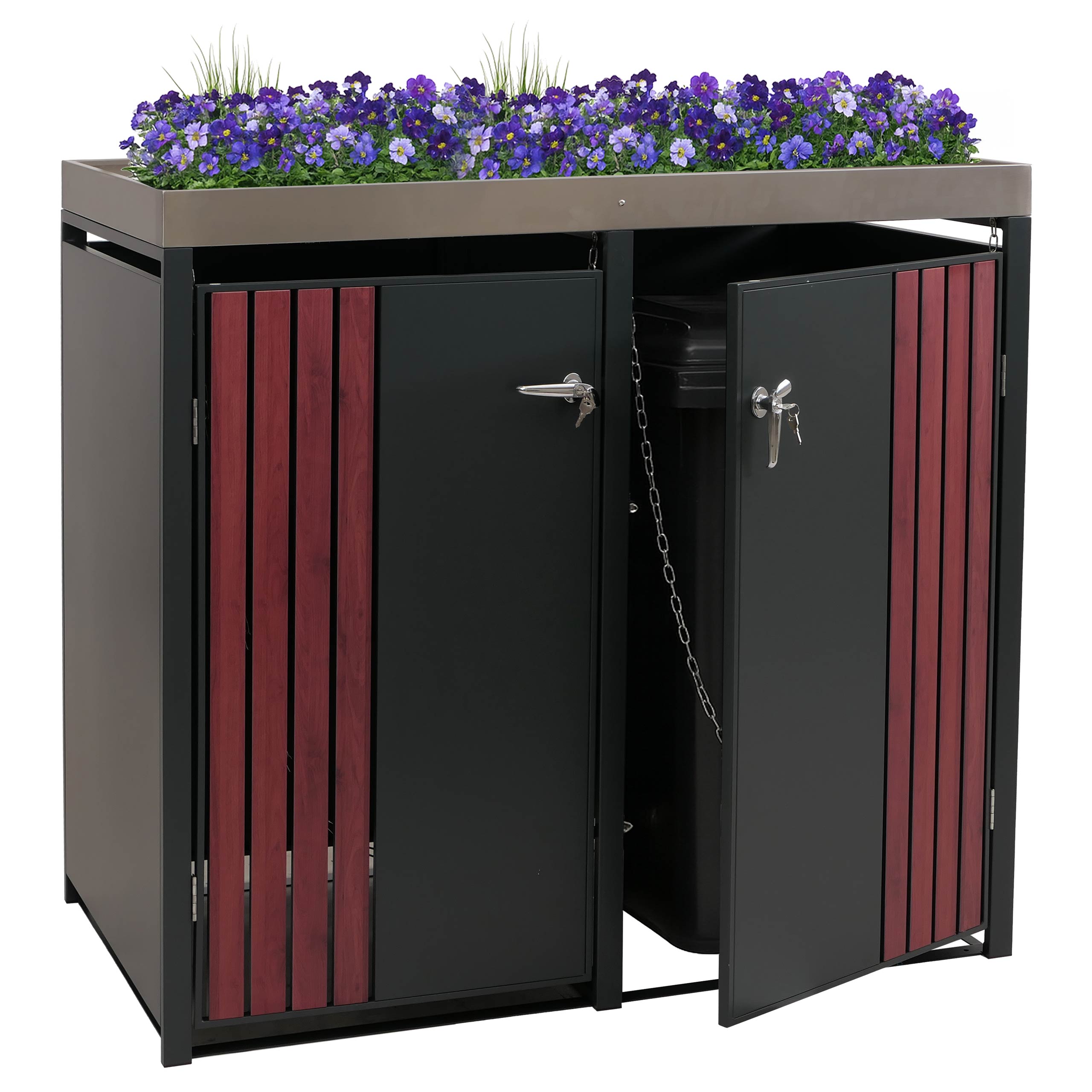2er-M&uuml;lltonnenverkleidung MCW-O67, M&uuml;lltonnenbox mit Pflanzkasten, Metall 125x132x84cm 55kg ~ anthrazit Holzoptik dunkel 