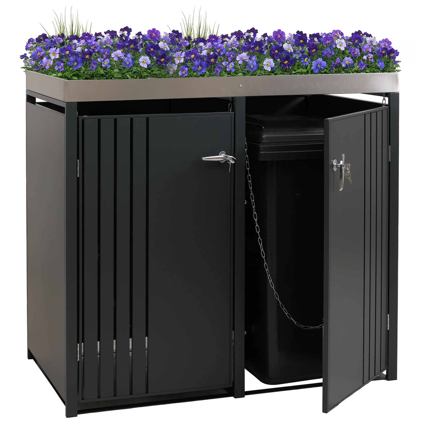 2er-Mülltonnenverkleidung -O67, Mülltonnenbox mit Pflanzkasten, Metall 125x132x84cm  ~ anthrazit